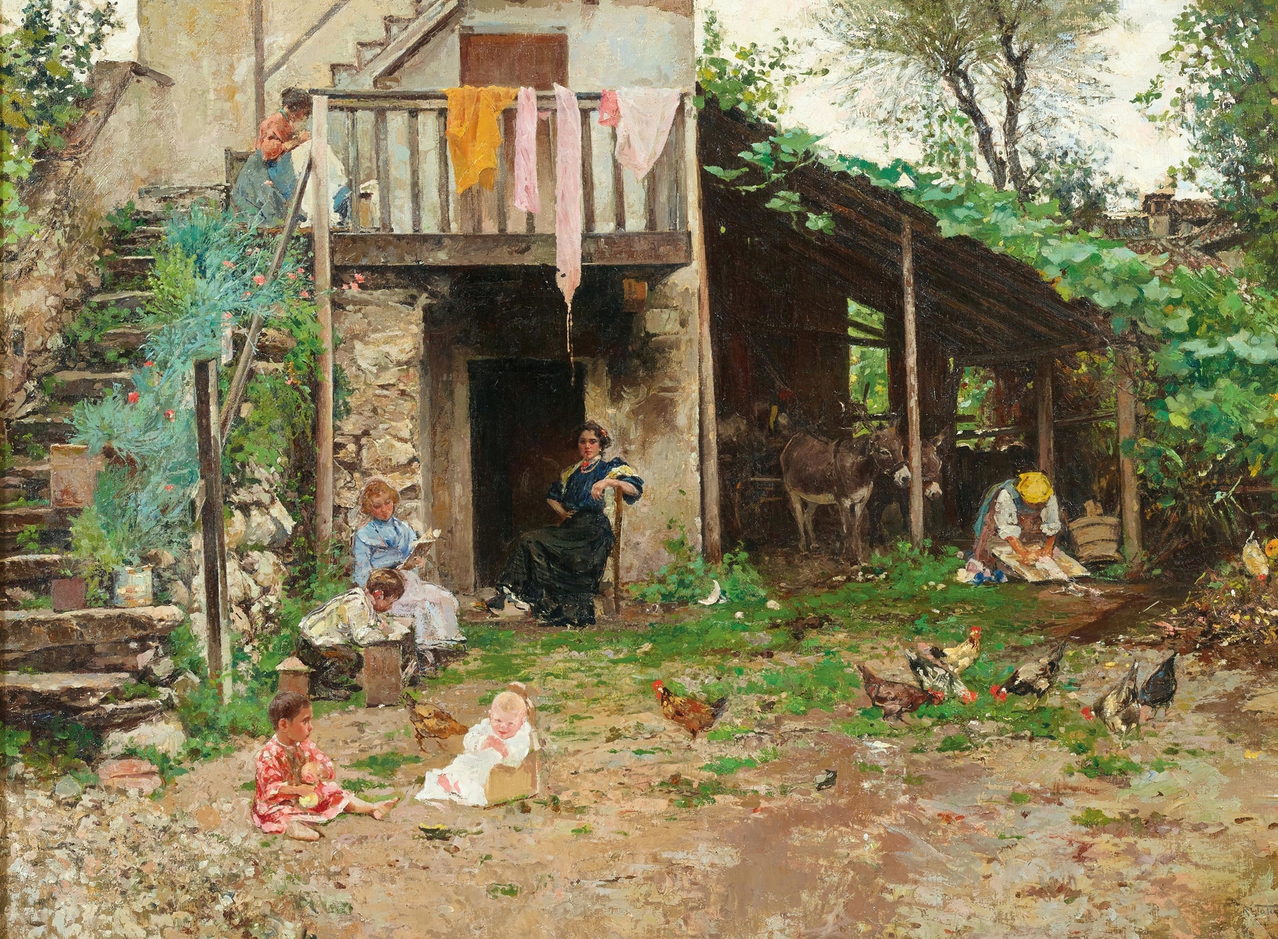 Interior scene of a courtyard with vines, by Raffaele Tafuri, medium unknown.