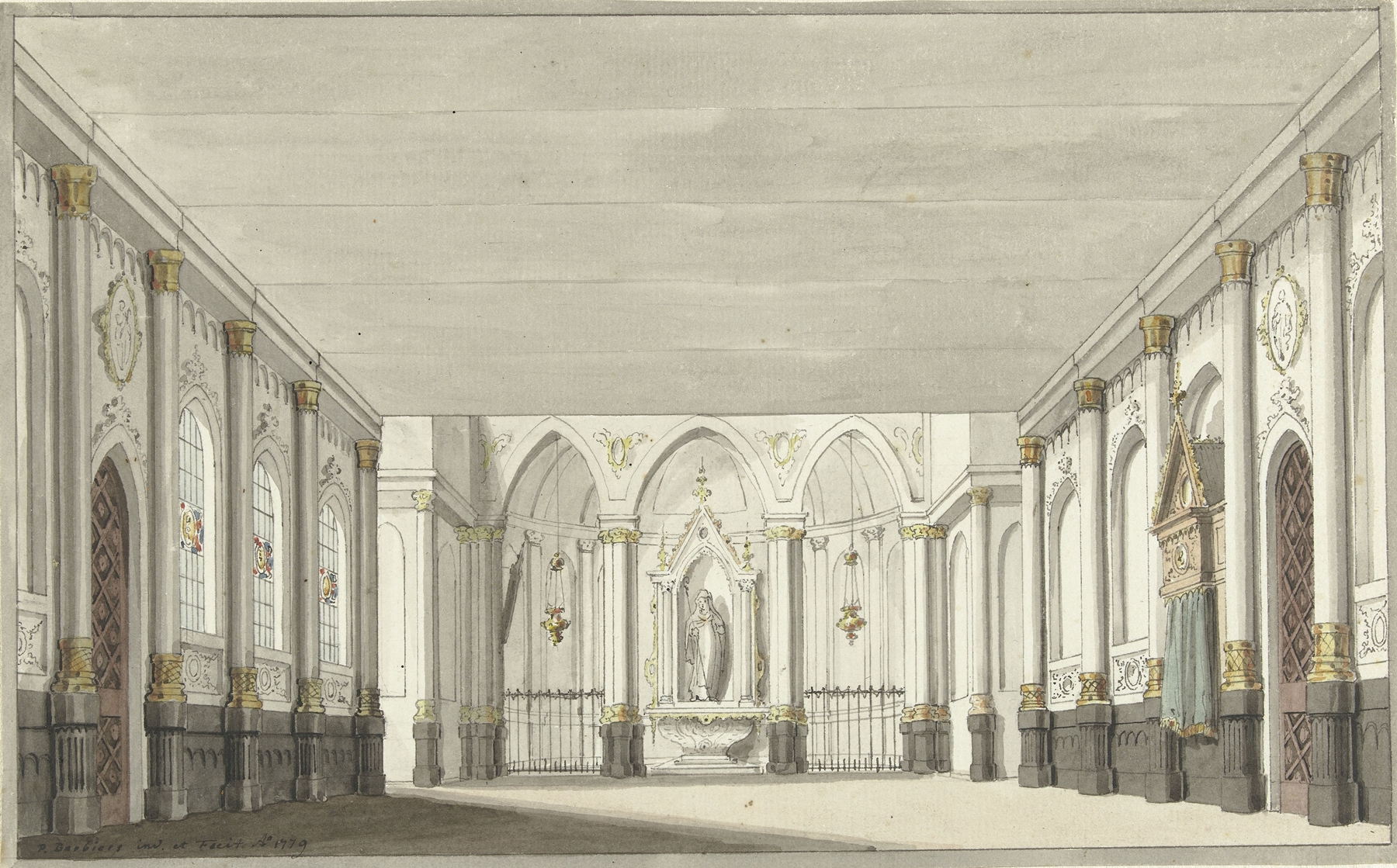 Ontwerp voor een toneeldecor van een kerkinterieur, by Pieter Barbiers, public domain