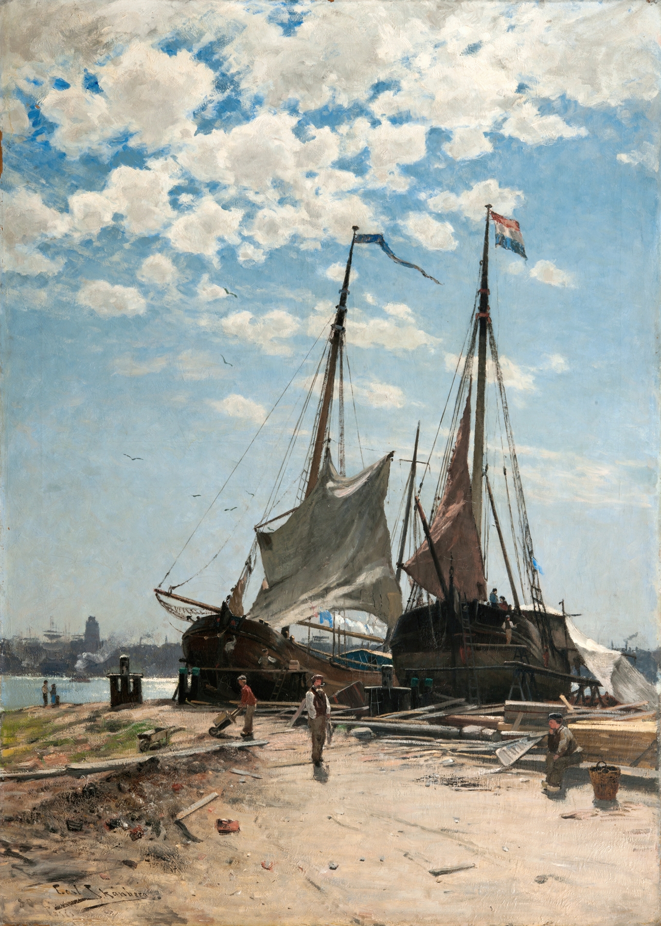 Marine scene of The Harbour, Dordrecht by Carl Skånberg, oil painting