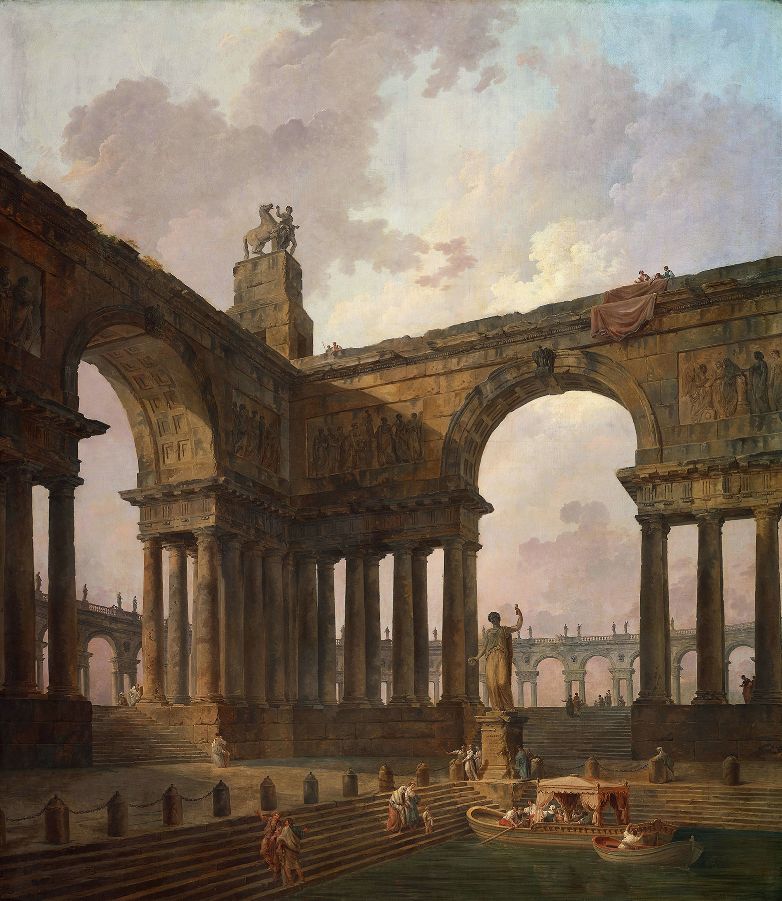 The Landing Place by Hubert Robert, oil on canvas depicting a small boat approaching a tranquil shore.
