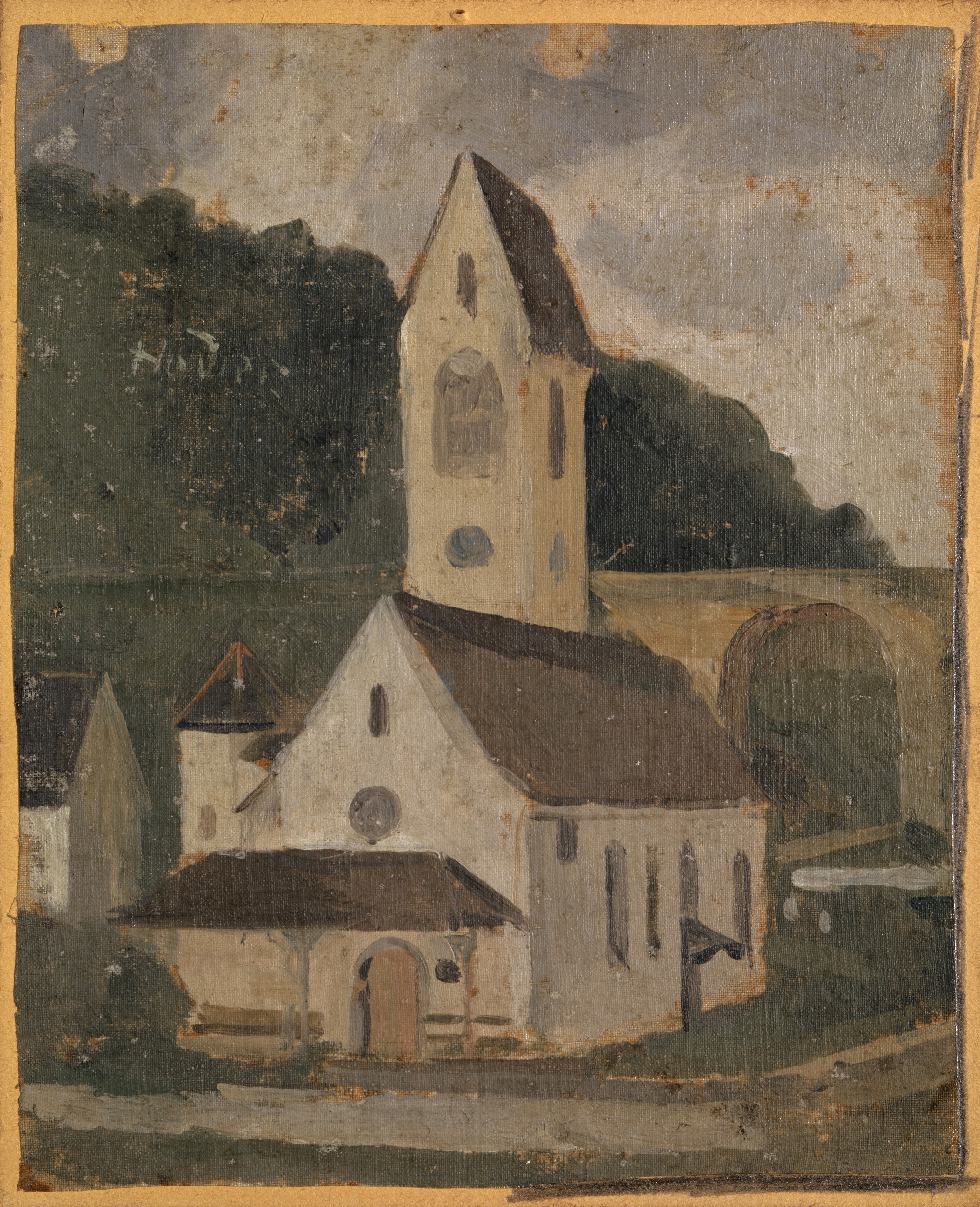 The Church of Rümlingen by Ferdinand Hodler, oil on canvas, featuring gnarled trees and a somber sky.