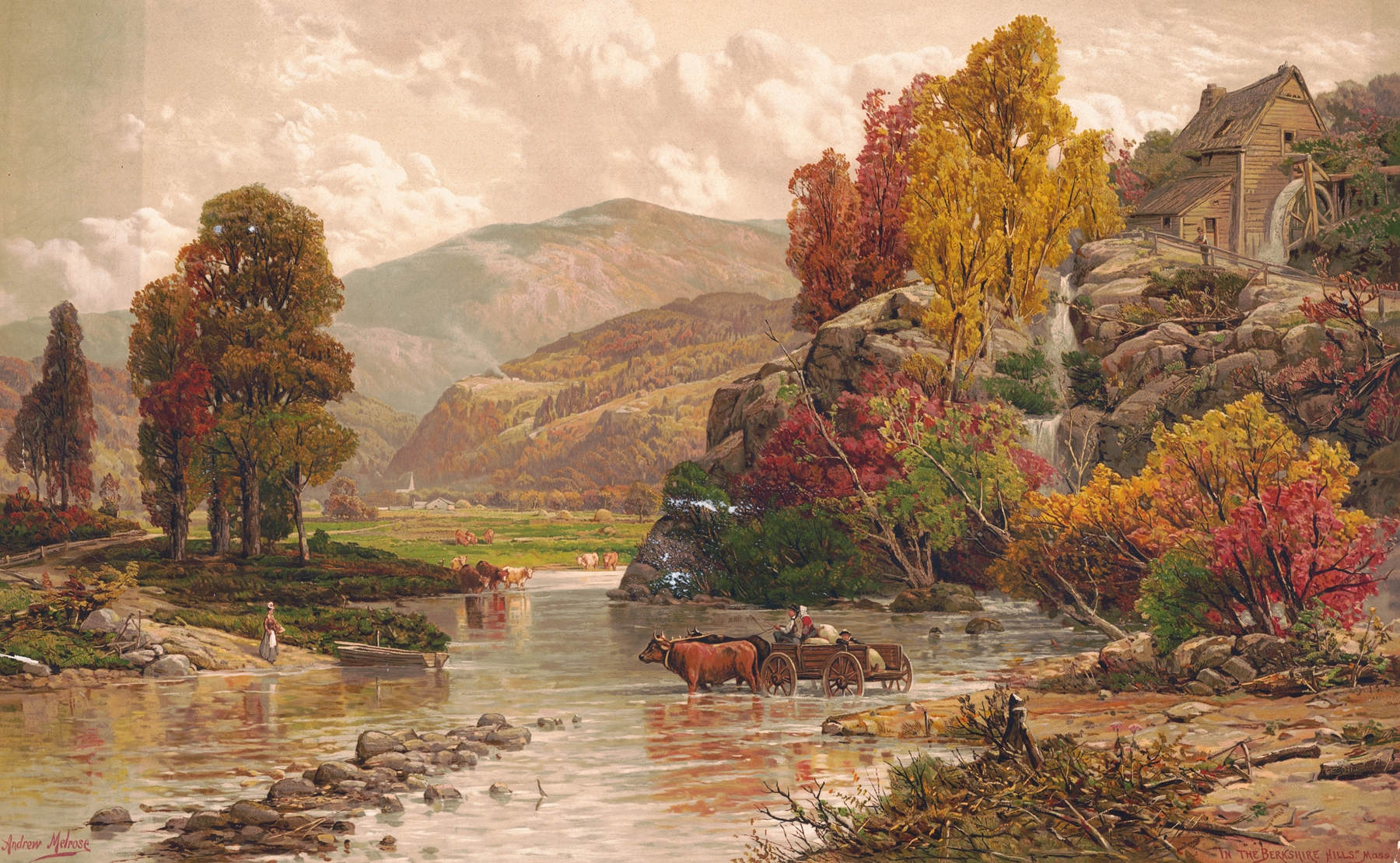 Landscape of hills in soft greens and browns by Andrew Melrose, 1887, oil painting