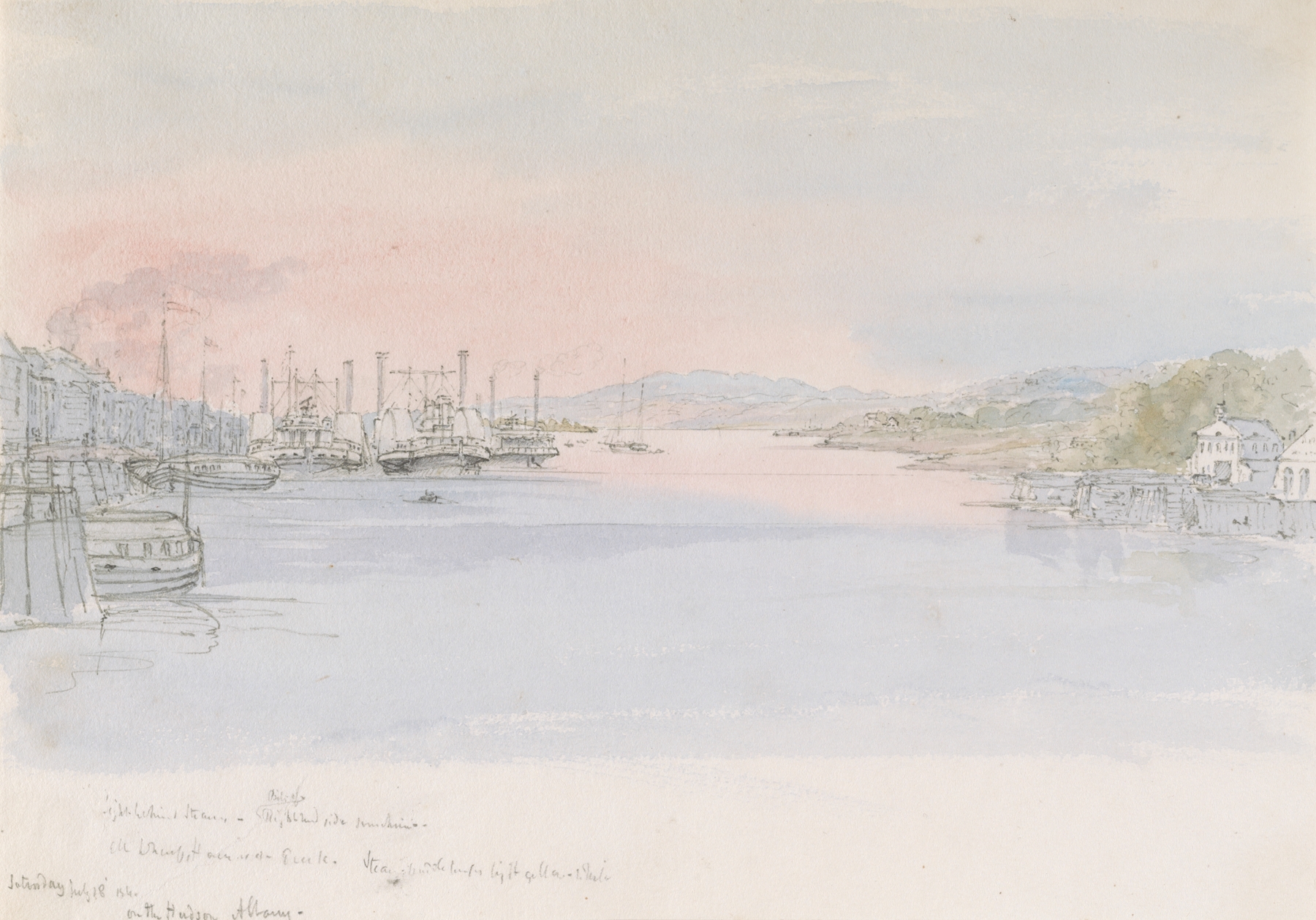 The Hudson River at Albany, oil on canvas by Michael Seymour, depicting a tranquil river at twilight.