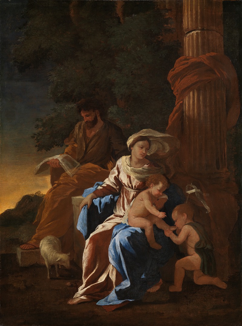 Nicolas Poussin's 'Die Heilige Familie mit dem Johannesknaben' depicts the Holy Family with vibrant colors and intricate details.