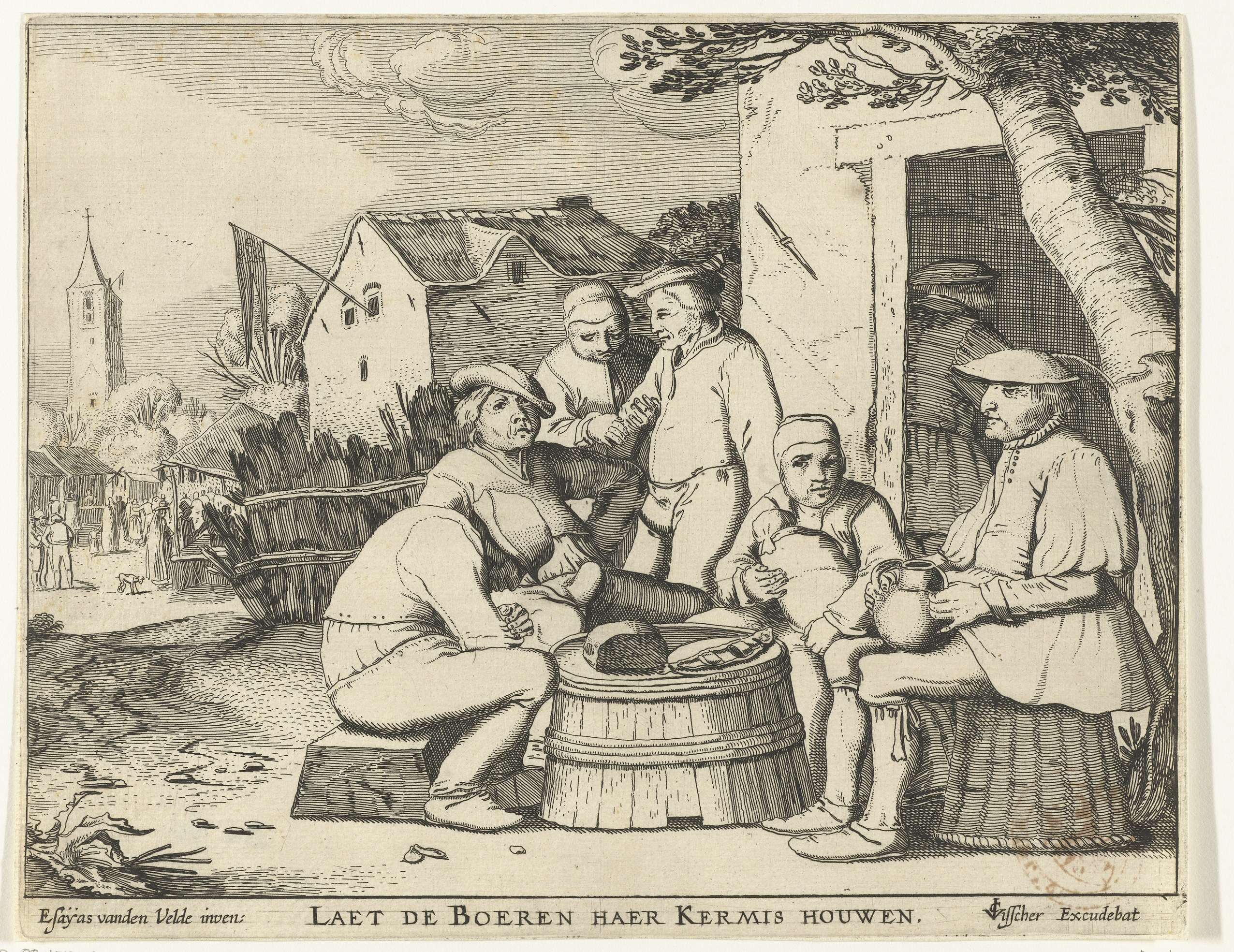 Etching by Unknown Artist depicting farmers around a barrel at an inn