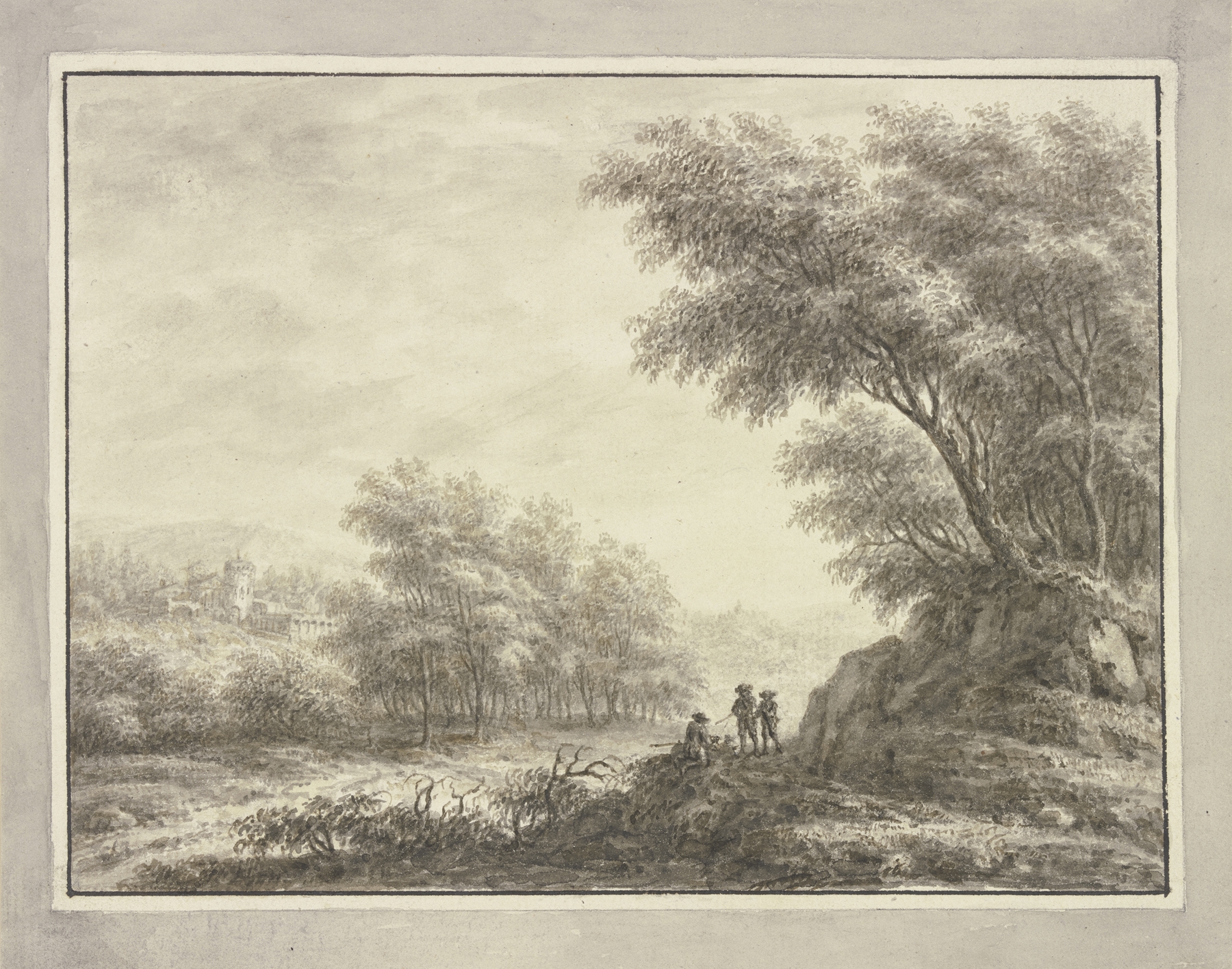 Landscape with three hunters and a castle, oil painting by Johann Caspar Zehender