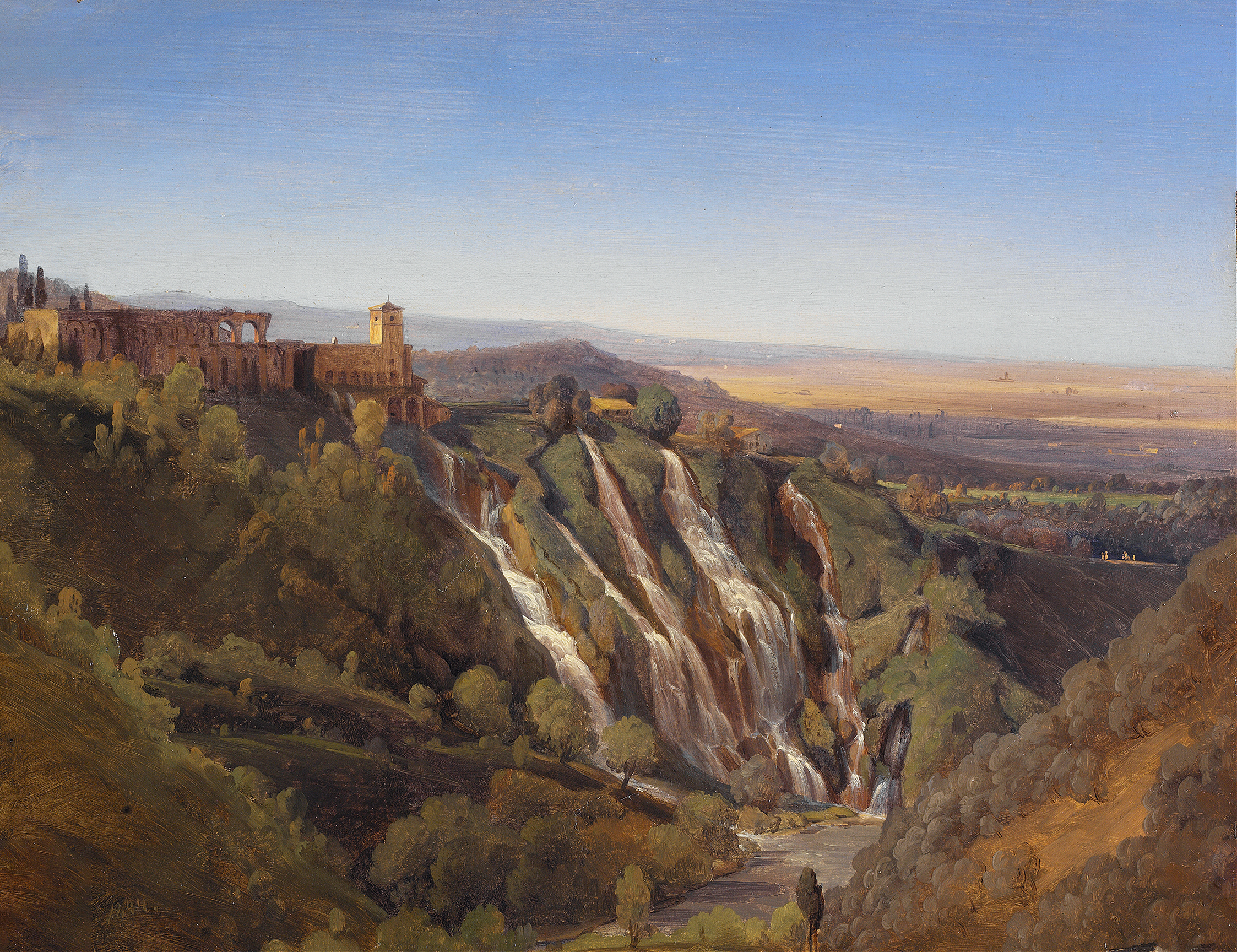 Landscape Near Tivoli. Study by Joseph Magnus Stäck, oil painting depicting hills and golden light.