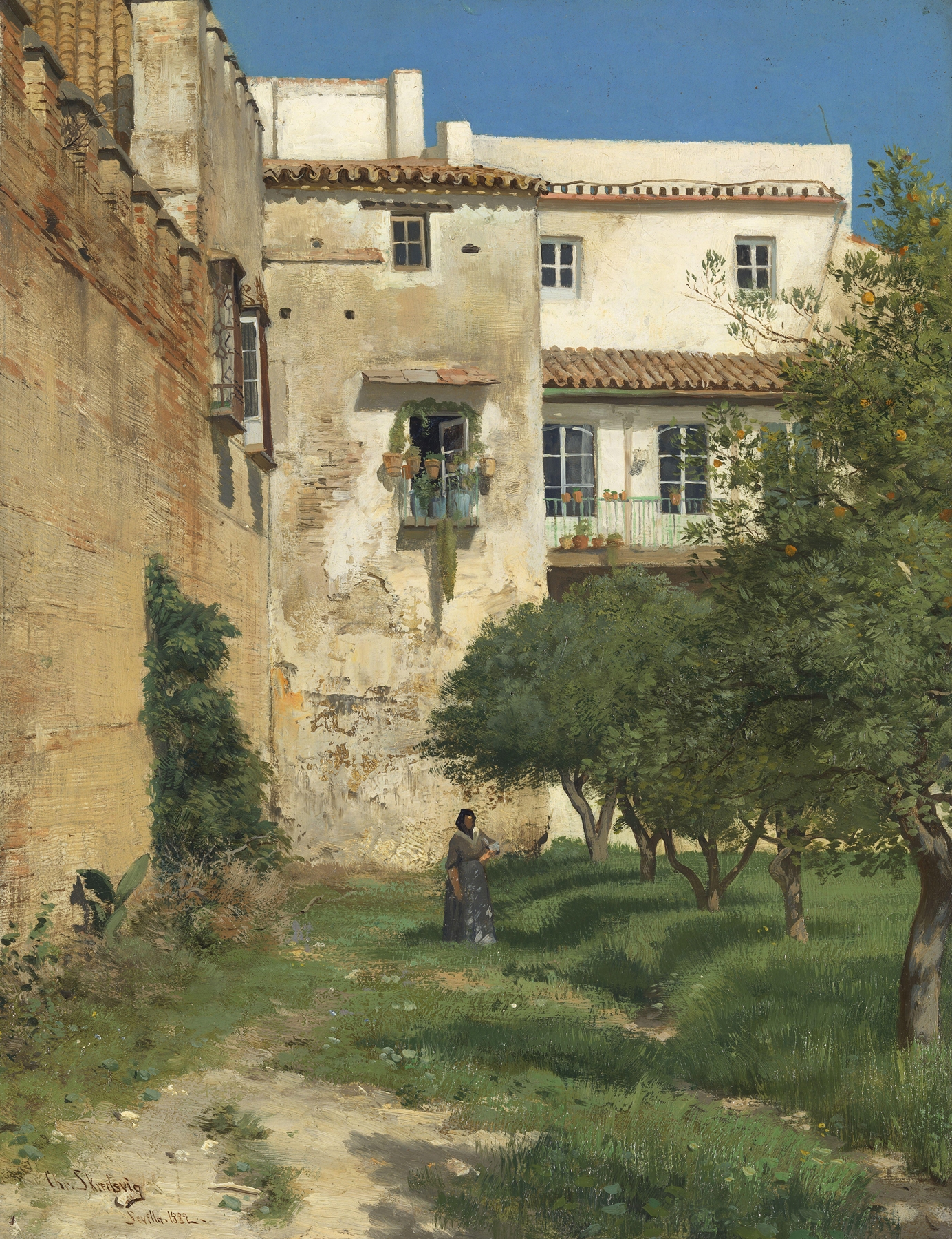 Landscape oil painting by Christian Skredsvig featuring a golden-hued sky and Spanish architecture.