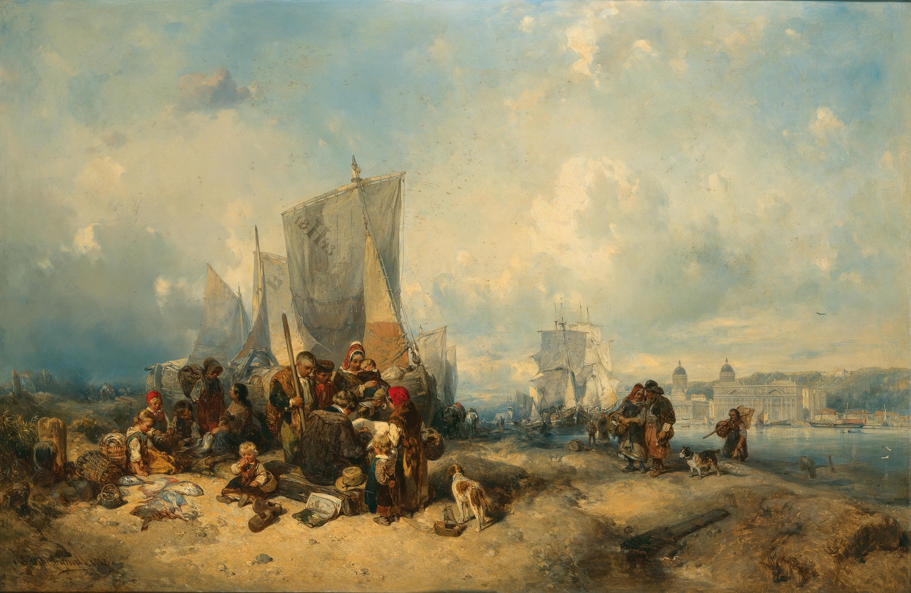 Genre scene depicting a lively crowd on the Thames Embankment, oil painting by Eduard Hildebrandt