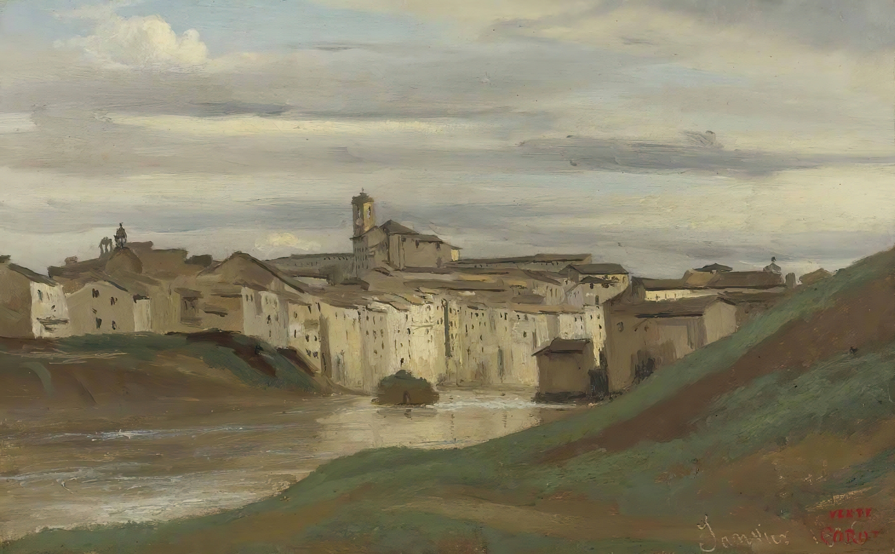 On The Banks Of The Tiber, Rome by Jean-Baptiste-Camille Corot, oil painting of a tranquil river landscape.