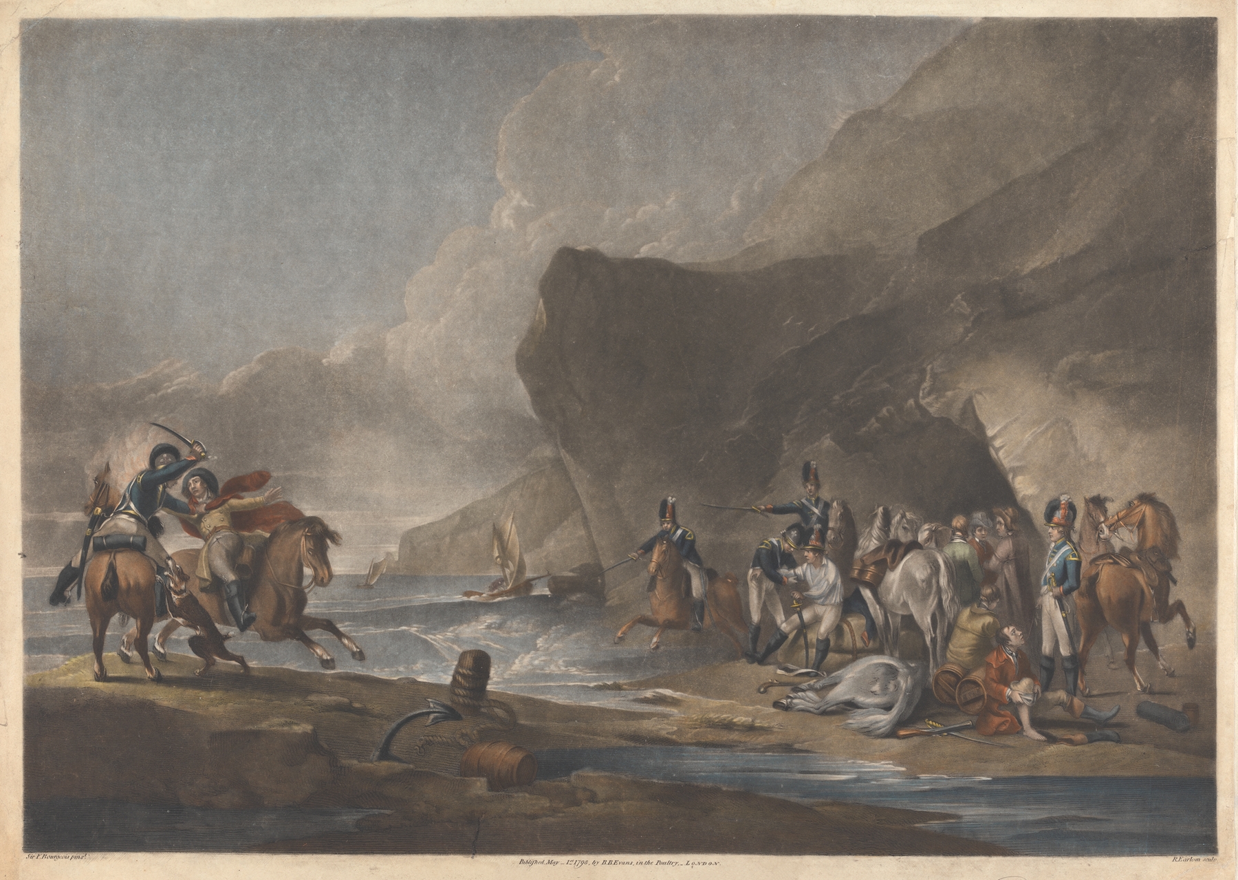 Historical oil painting by Peter Francis Bourgeois depicting a defender in a tumultuous scene.