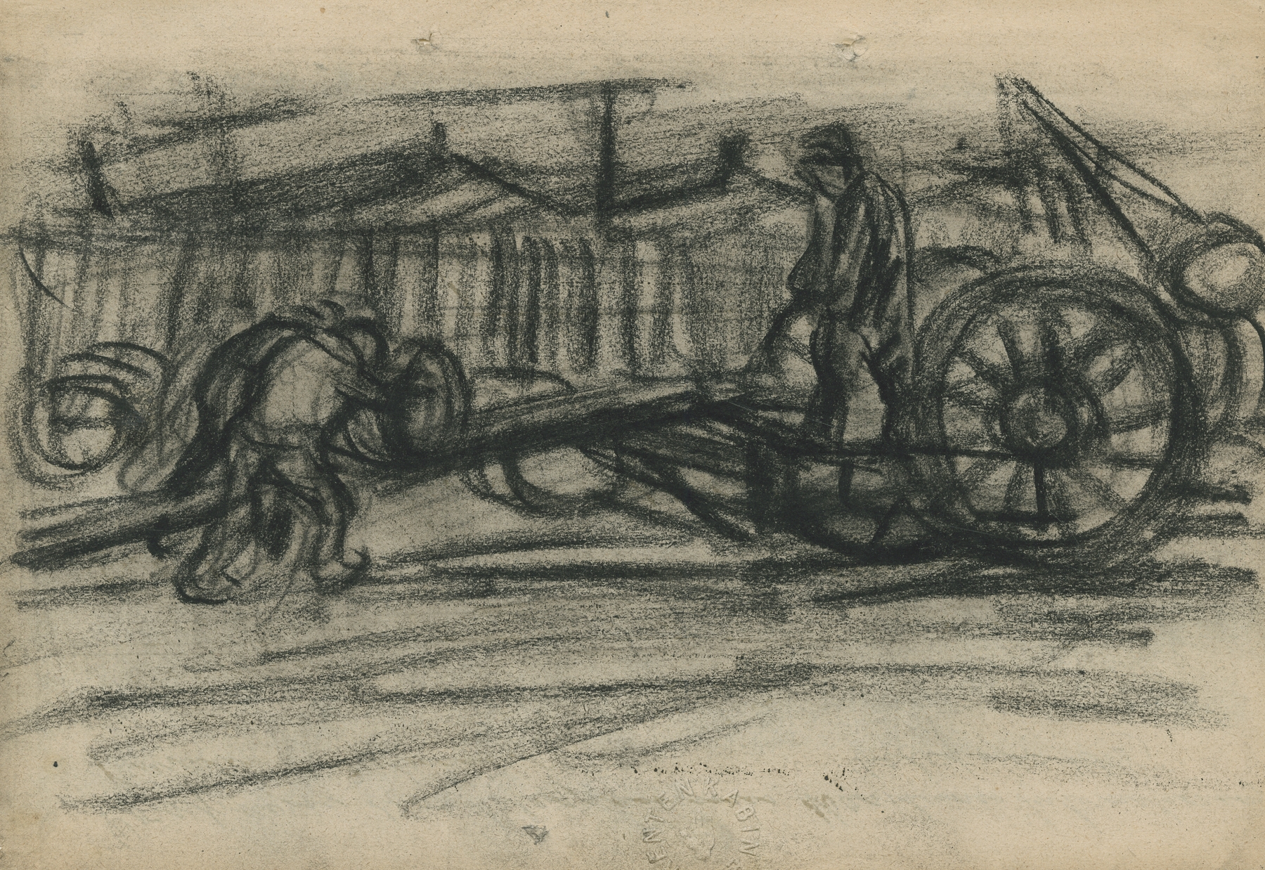 Sjouwers laden tonnen op een natiewagen, by Eugeen Van Mieghem, public domain