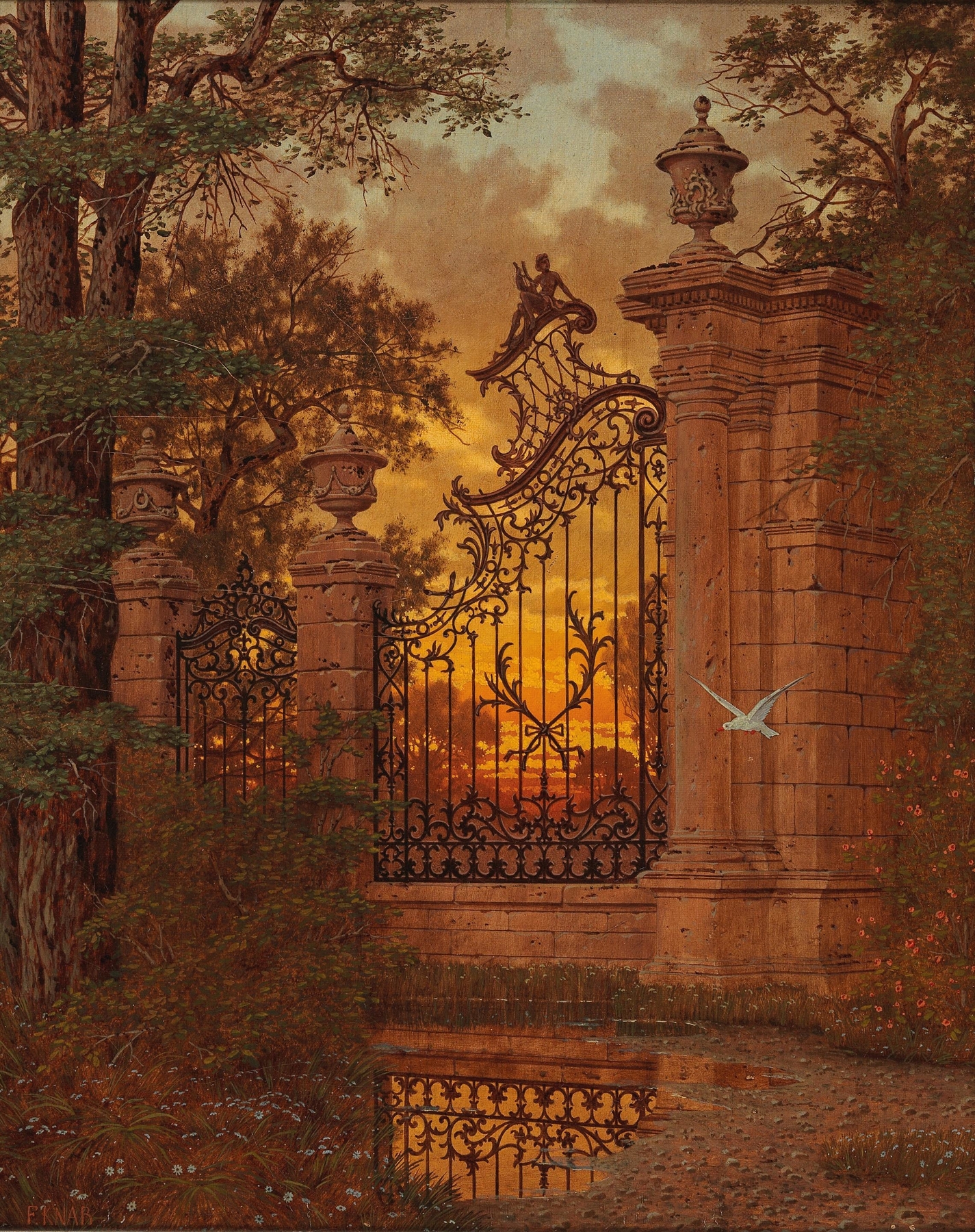 Landscape with a castle gate and trees, oil painting by Ferdinand Knab