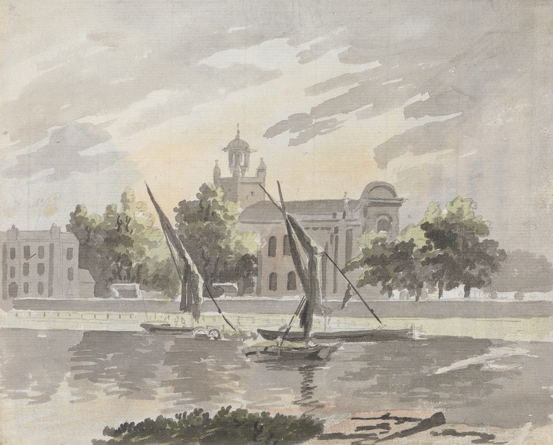 Landscape depicting a river and church by James Miller, medium unknown
