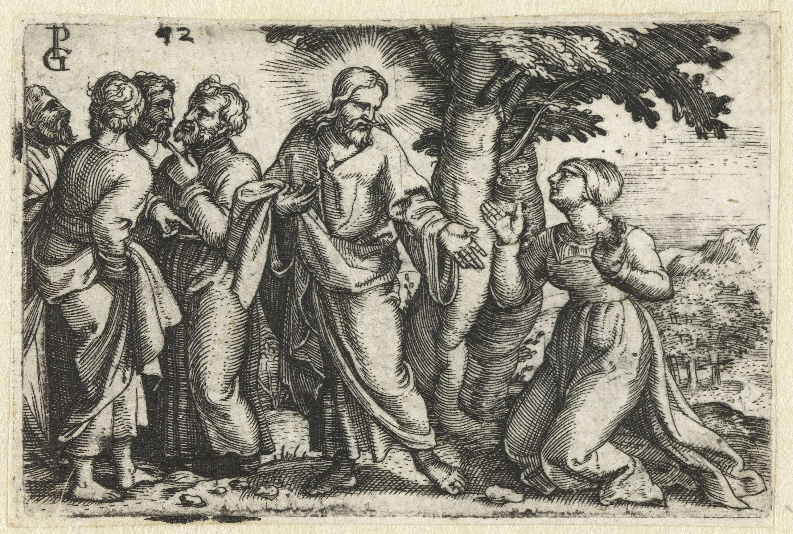 Engraving by Georg Pencz depicting Christ healing a woman with a gesture of compassion.