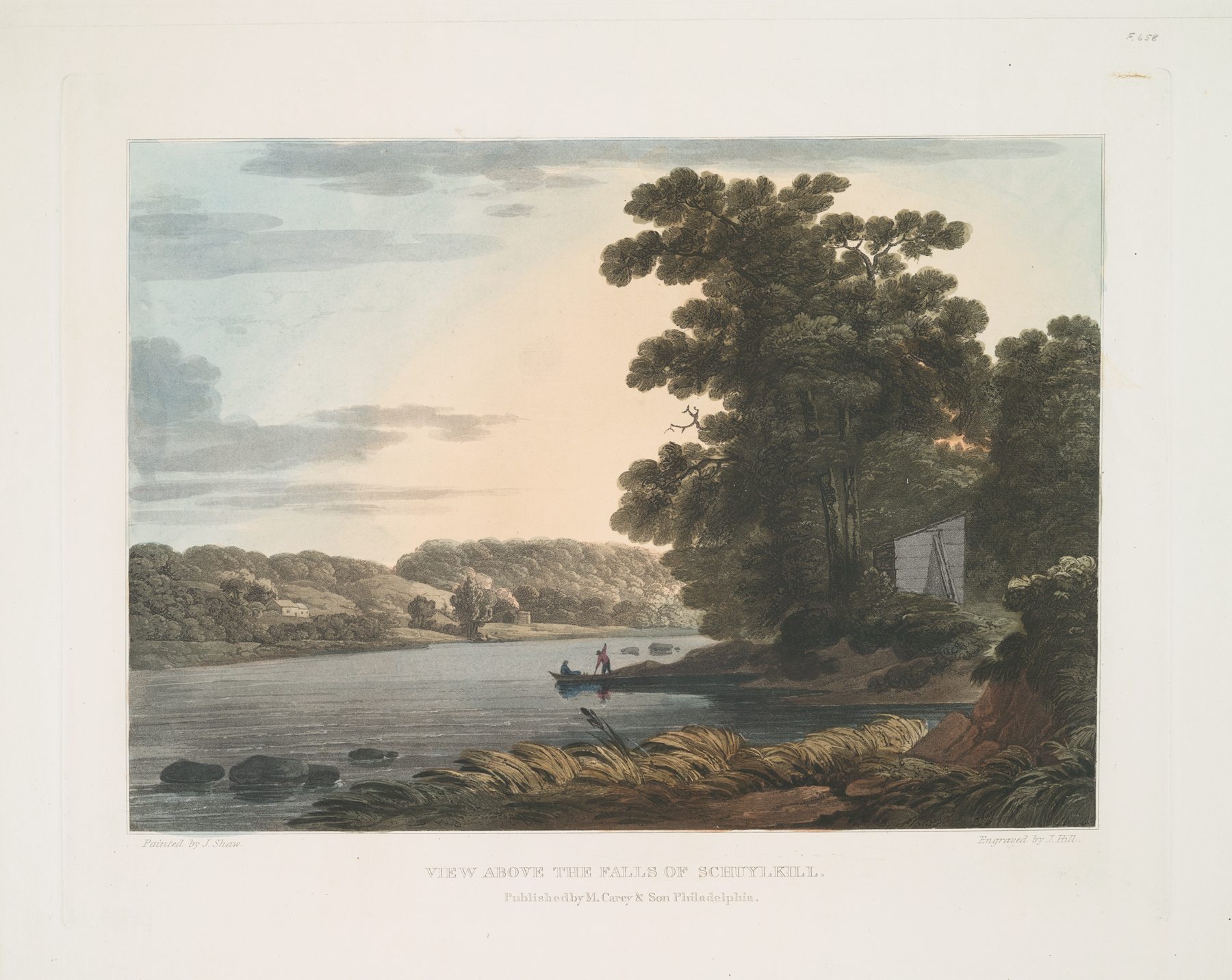 View above the Falls of Schuylkill by Joshua Shaw, oil painting of a tranquil river landscape
