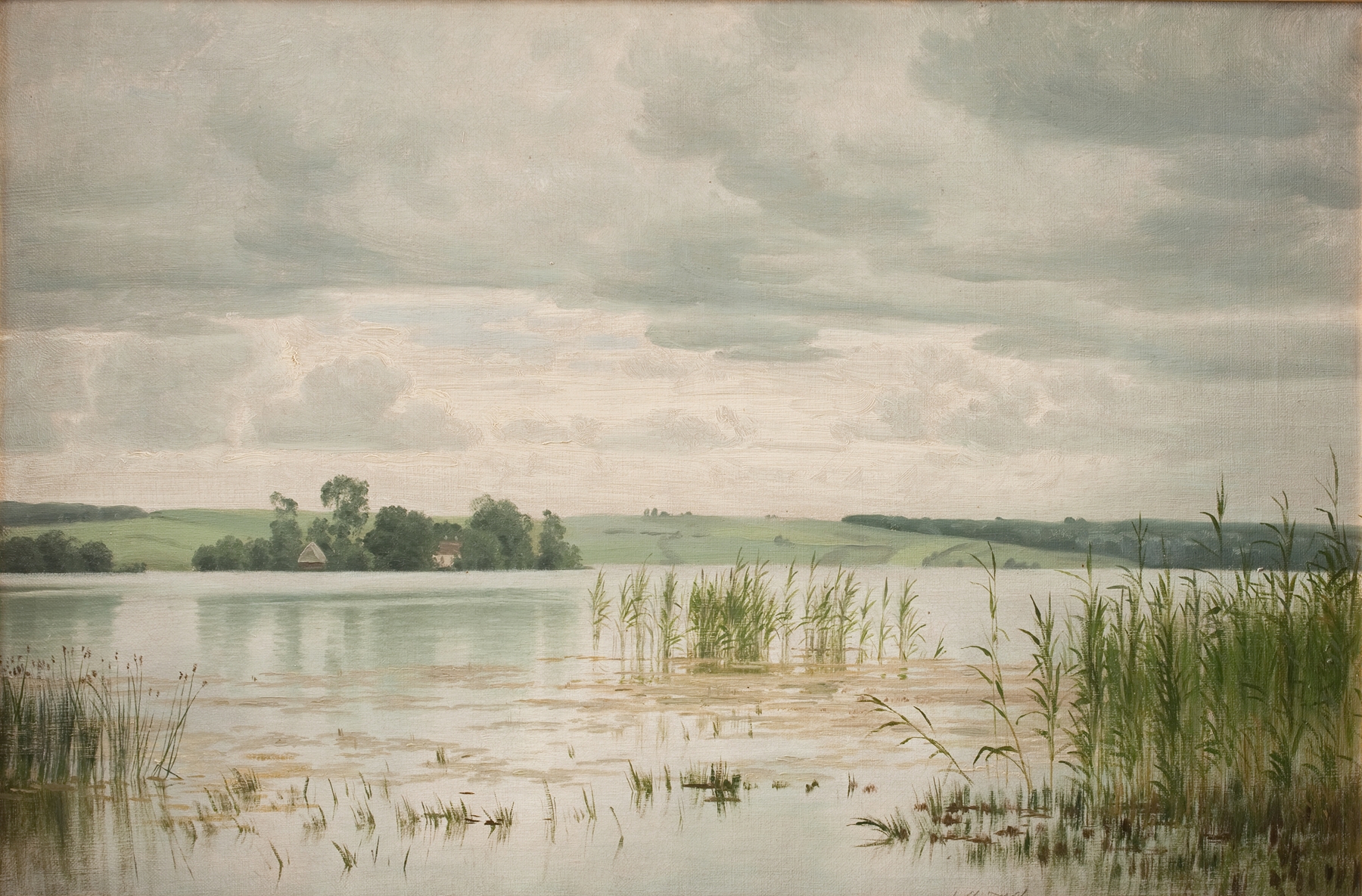 Landscape oil painting by Vilhelm Groth depicting tranquil waves and a sunlit shore.