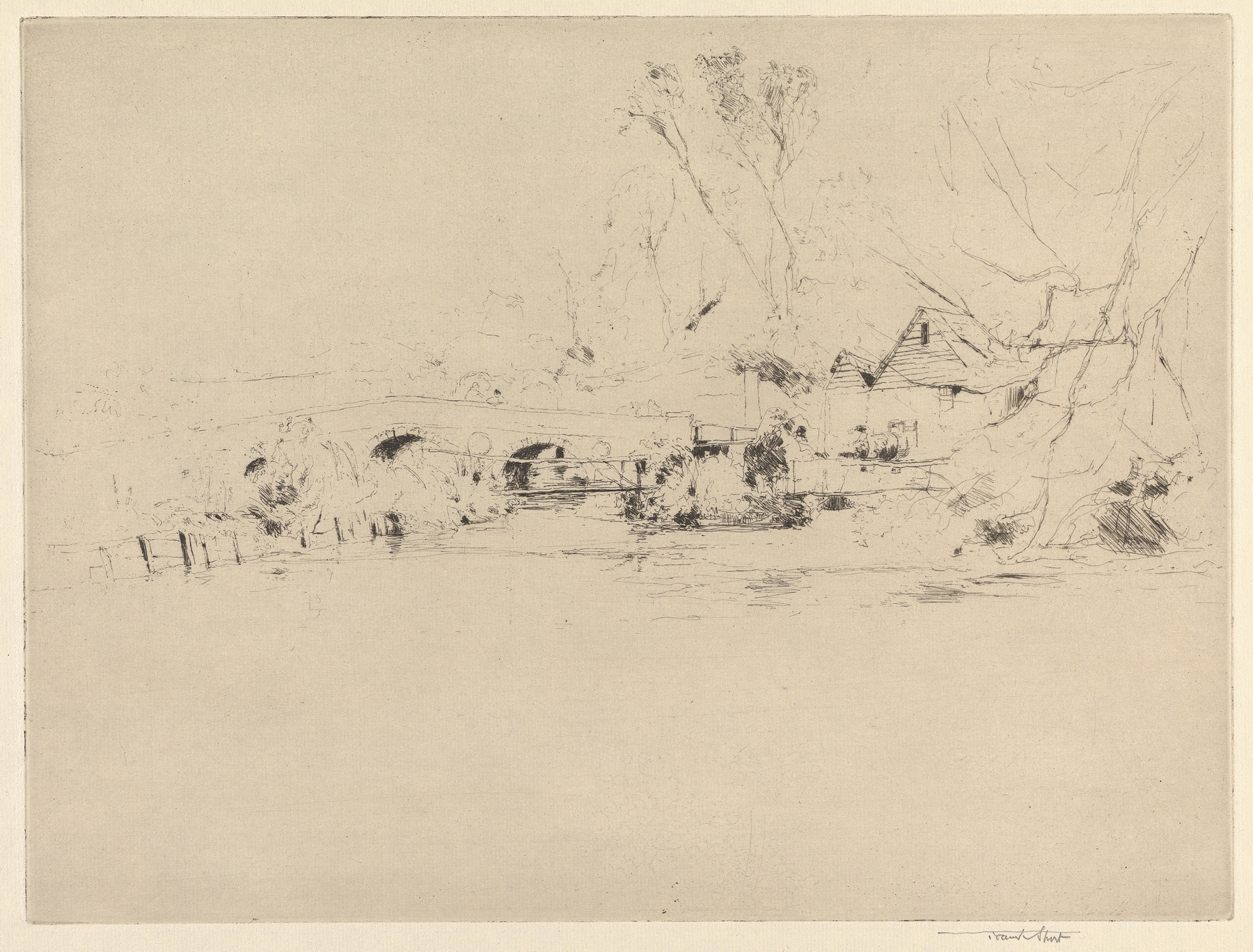 Old Mill on the Wandle, at Mitcham engraving by Sir Frank Short depicting a tranquil river landscape