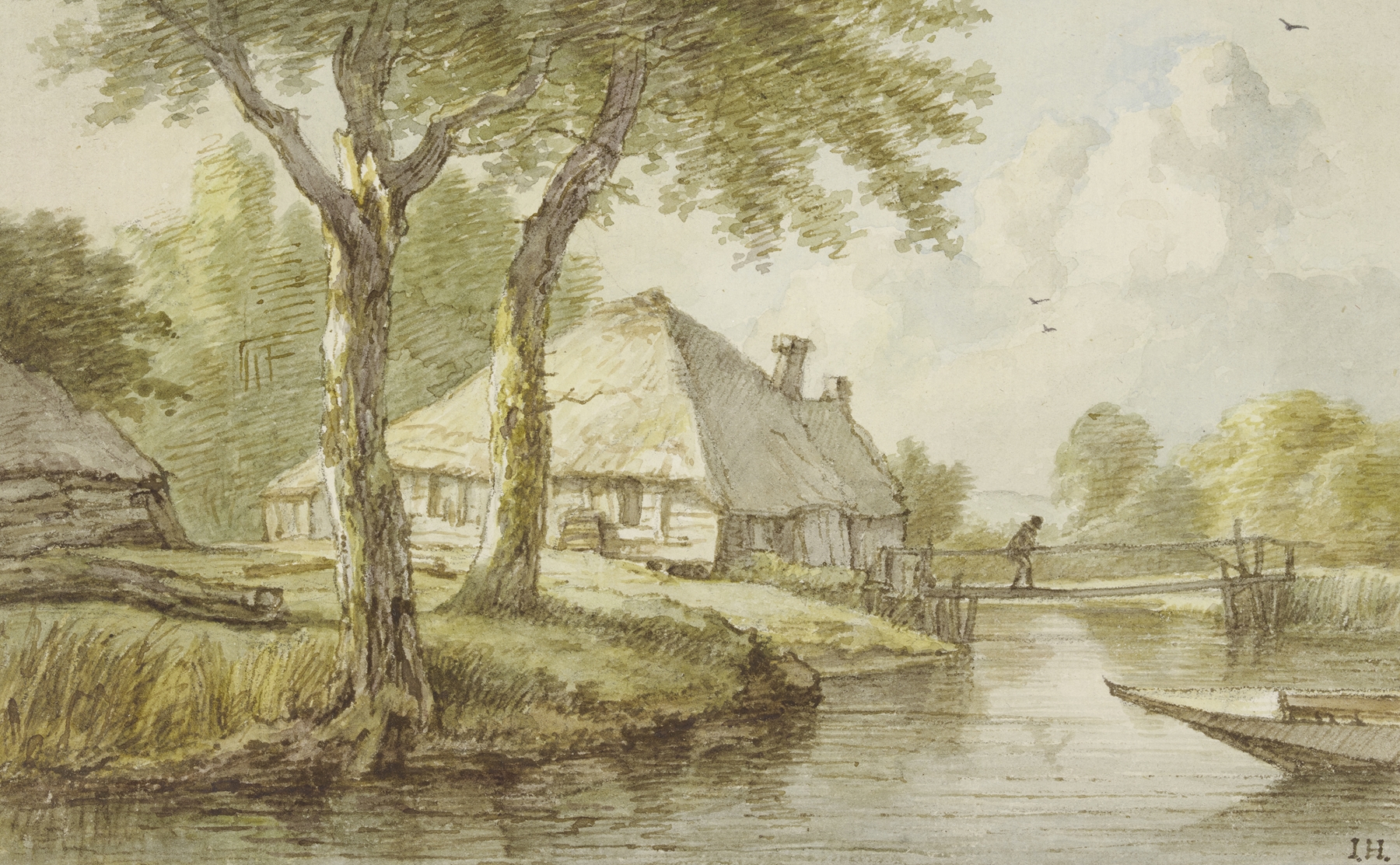 Bei zwei Bäumen ein Haus am Wasser, ein Steg, rechts die Spitze eines Kahnes, by Jan Hulswit, public domain