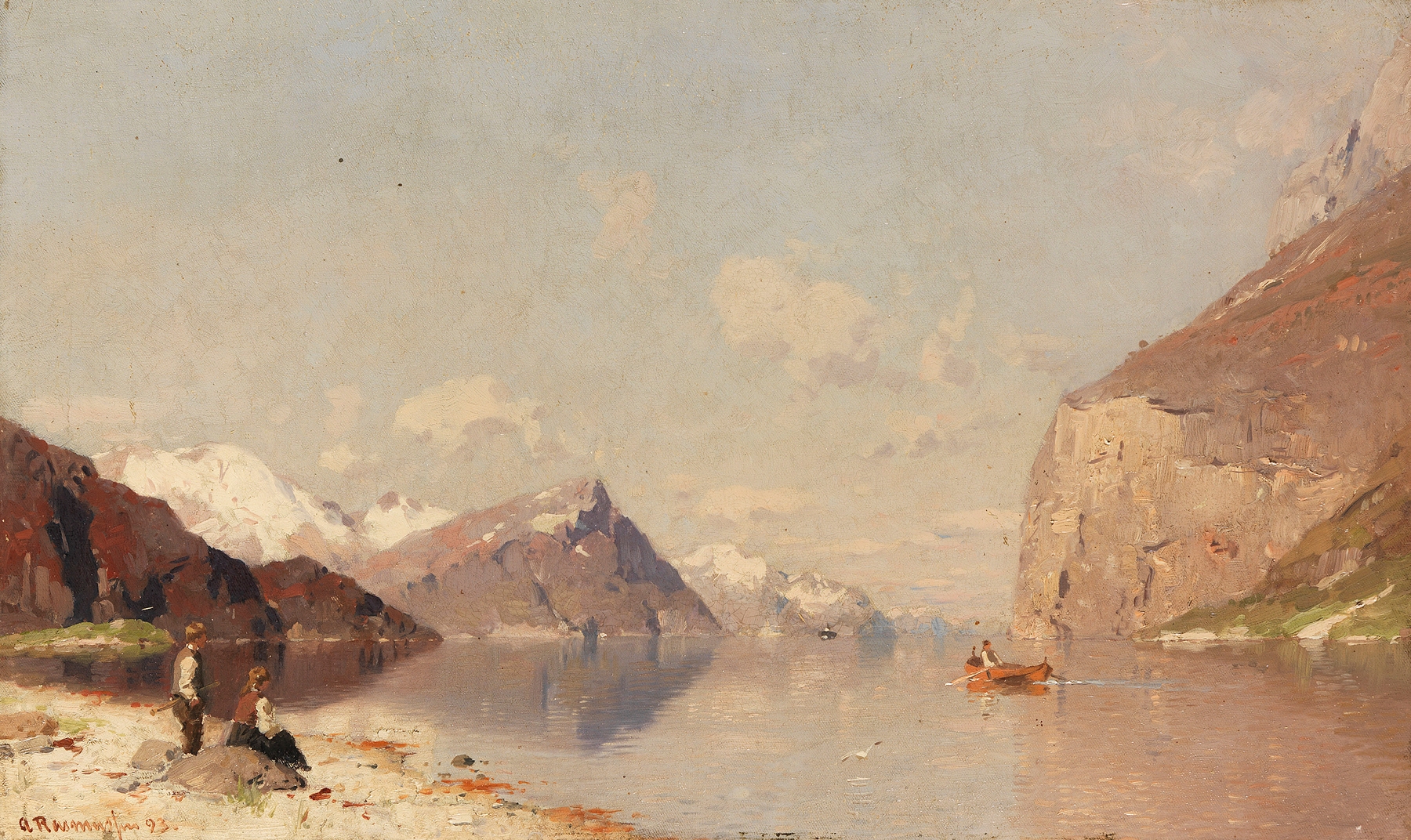 Norwegische Fjordlanschaft, oil painting by Georg Anton Rasmussen depicting a Norwegian landscape with mountains and water.