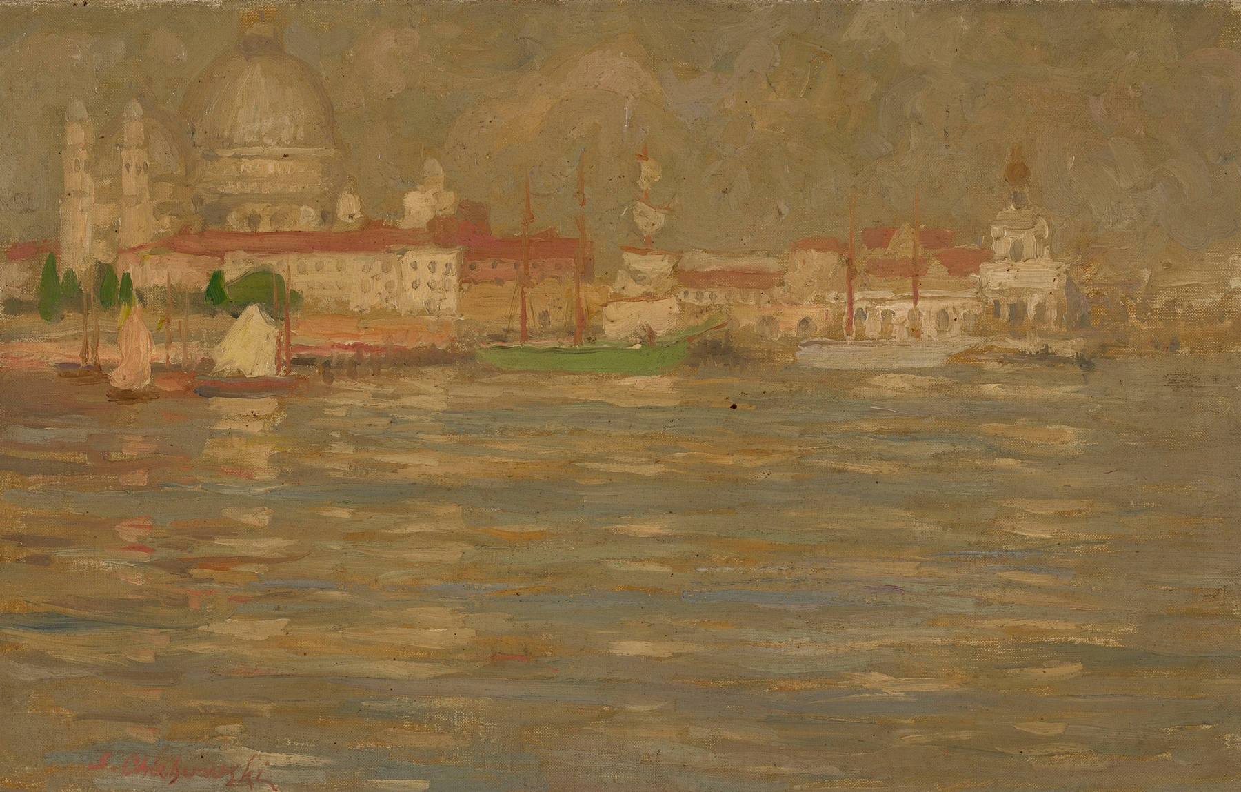 Romanticism landscape by Stanisław Chlebowski, featuring a city at twilight with water reflections.