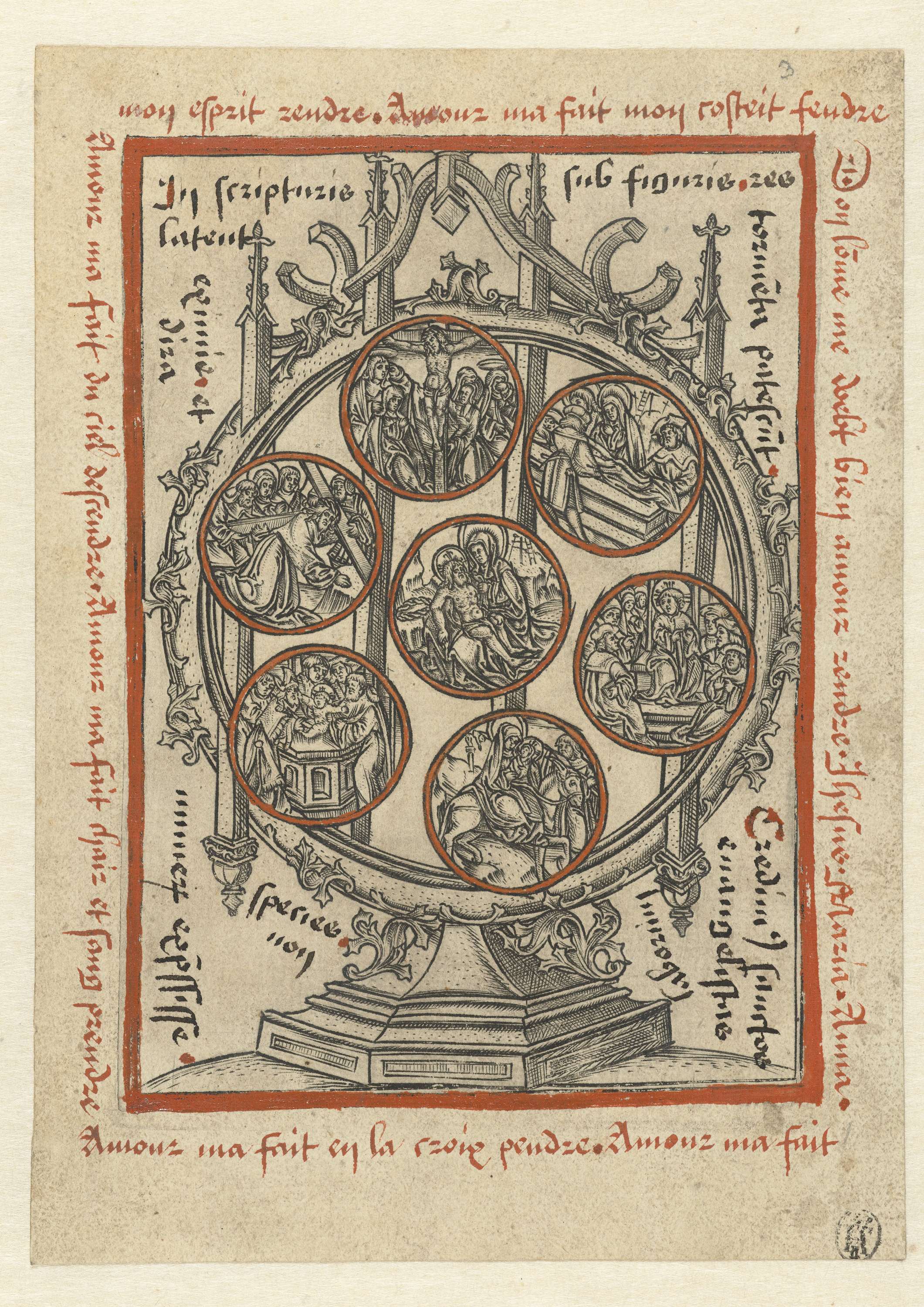 Zeven smarten van Maria engraving by Monogrammist S, featuring Mary with a halo.