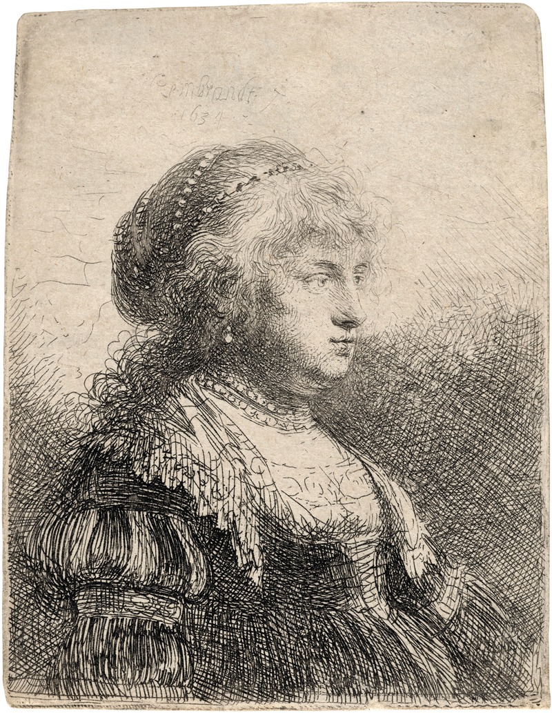Rembrandt's painting 'Saskia with Pearls in her Hair' captures the beauty of his wife adorned with pearls.