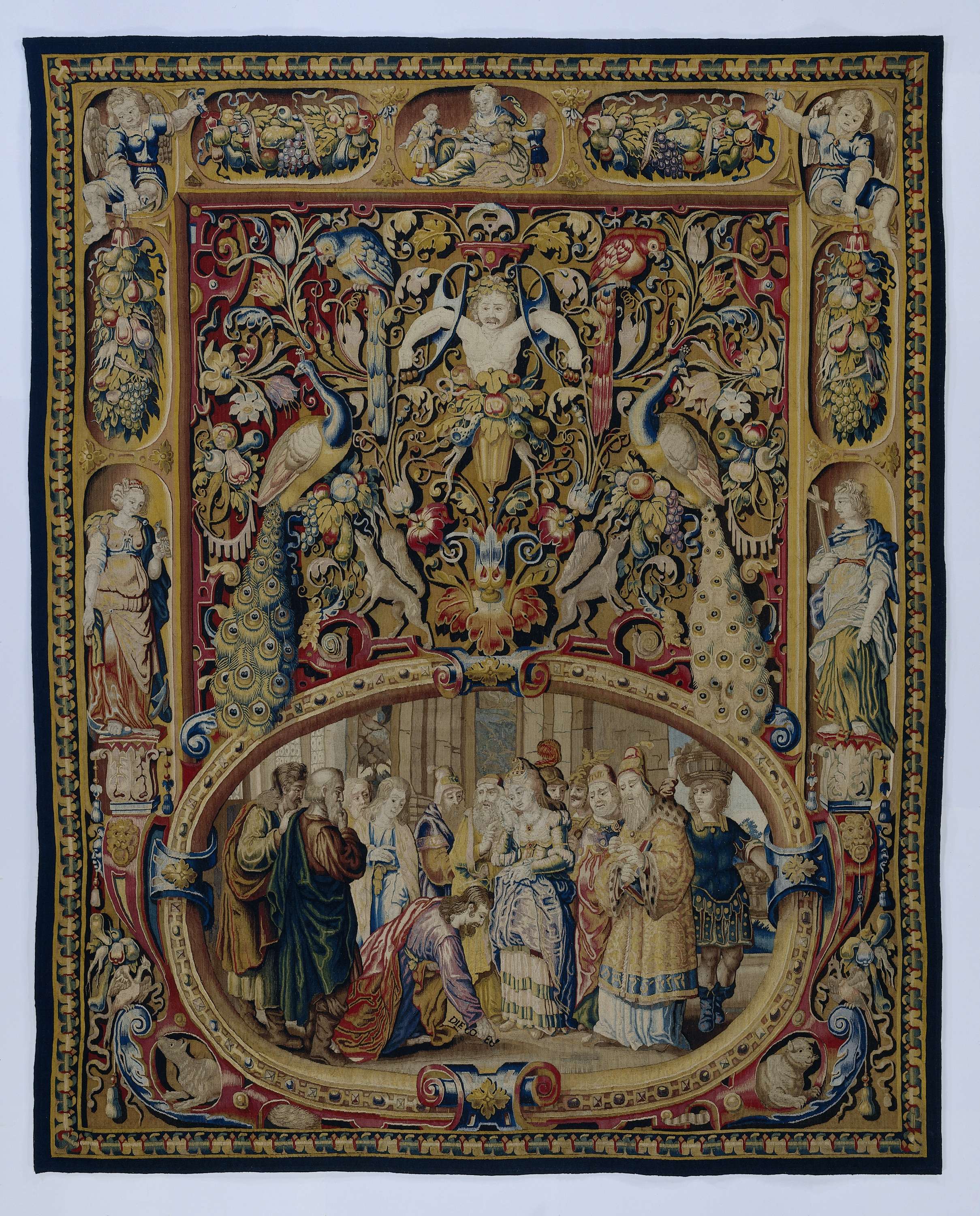 Christus en de overspelige vrouw tapestry by François Spiering, depicting Christ and a woman in contrasting light.