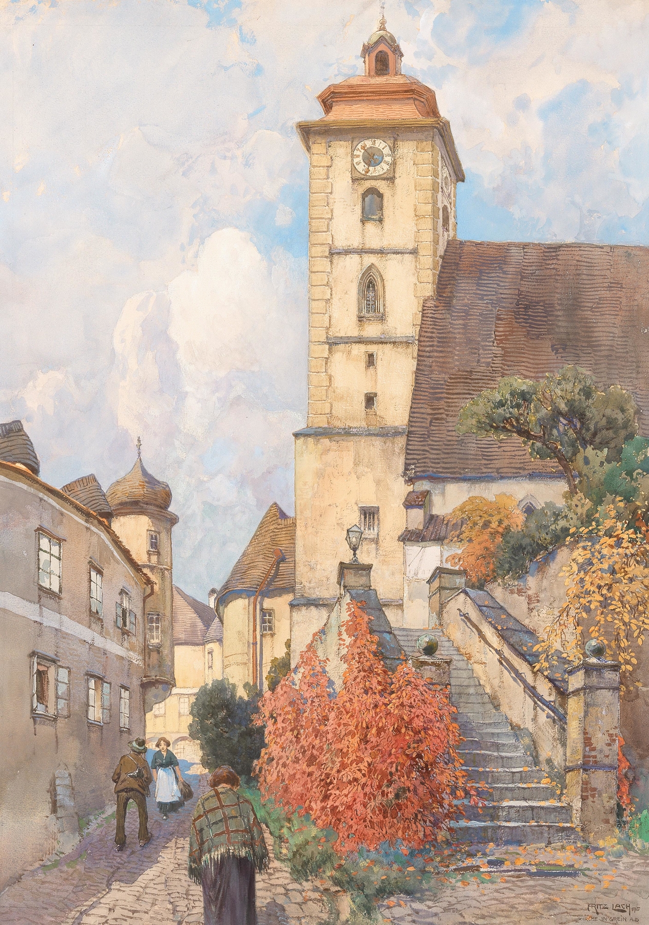 Expressionism oil painting by Fritz Lach depicting a church against a stormy sky