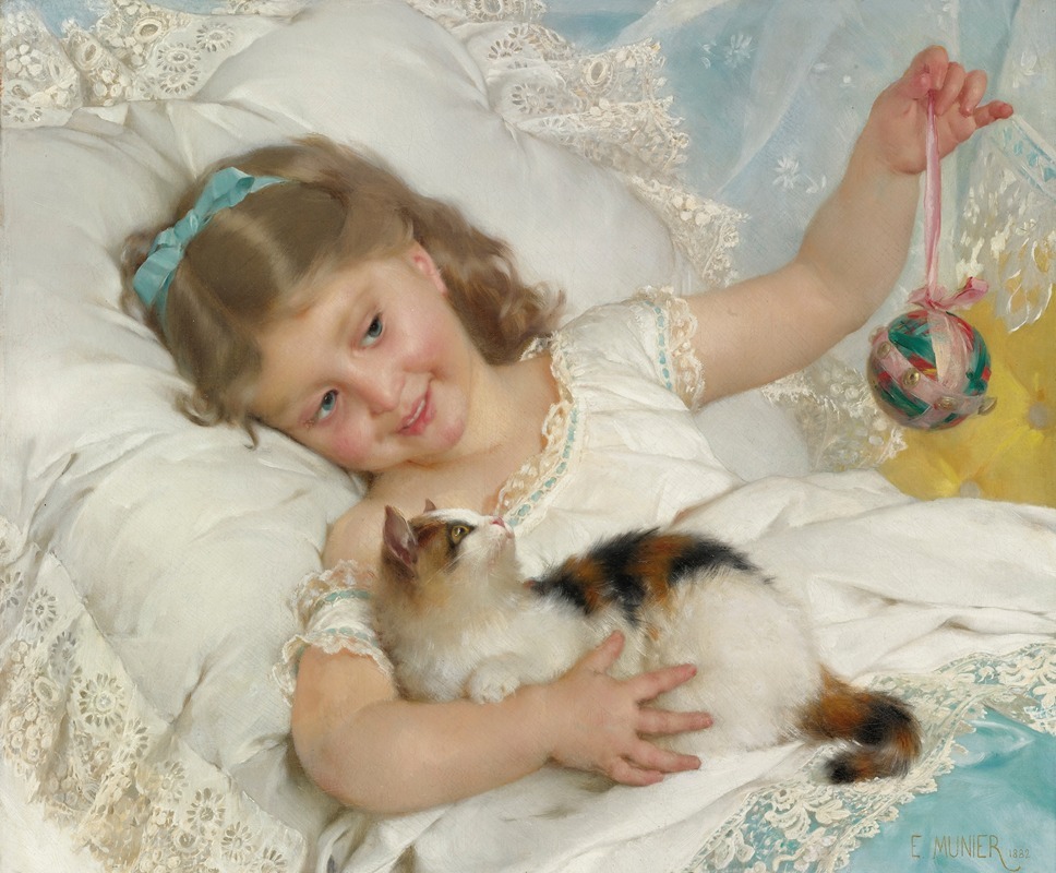 A charming scene of a young girl with a cat.