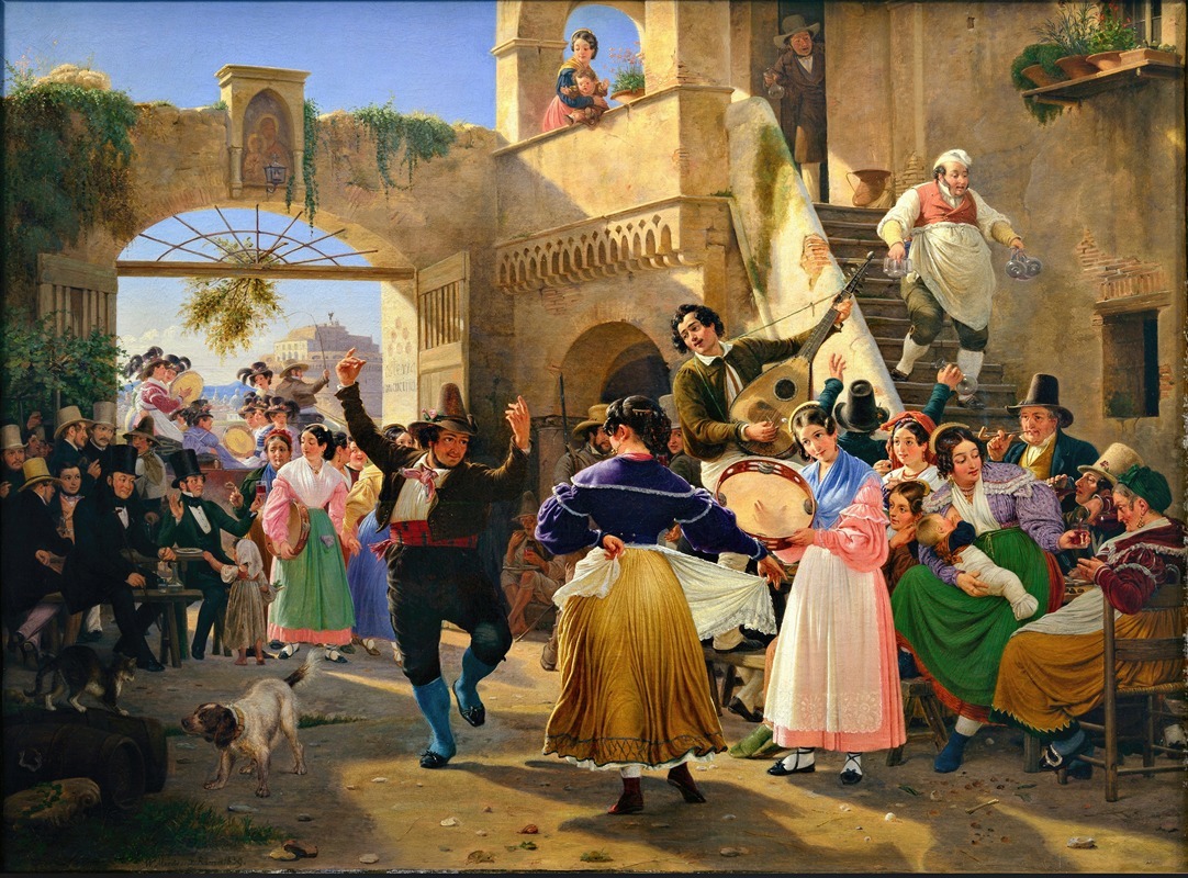 A lively scene depicting Romans enjoying themselves at an osteria.