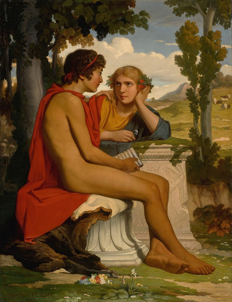 A depiction of the mythological characters Daphnis and Chloe in a lush landscape.