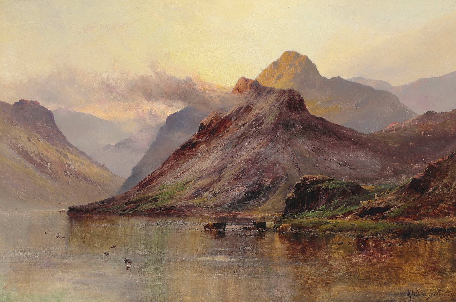 Church Pool at Betws-y-Coed by Alfred de Bréanski, oil painting depicting a river and forest.