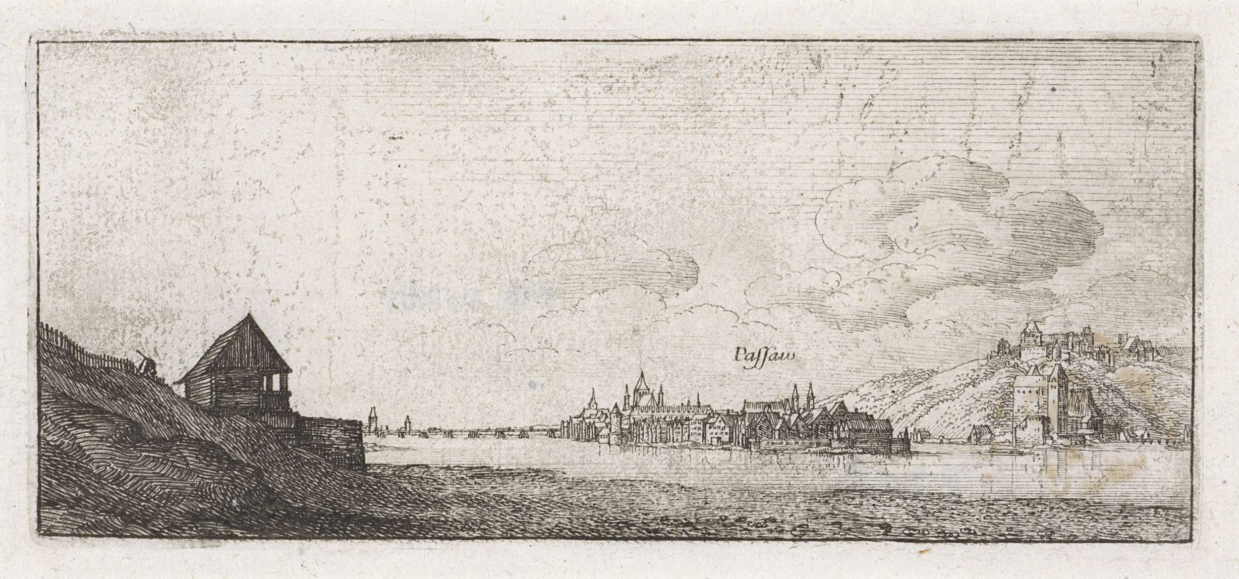 Etching by Wenceslaus Hollar depicting a river landscape with a village.