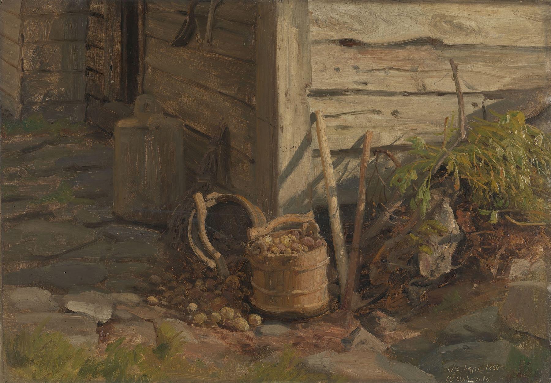 Still life of a tree bucket with potatoes, oil on canvas by Anders Askevold