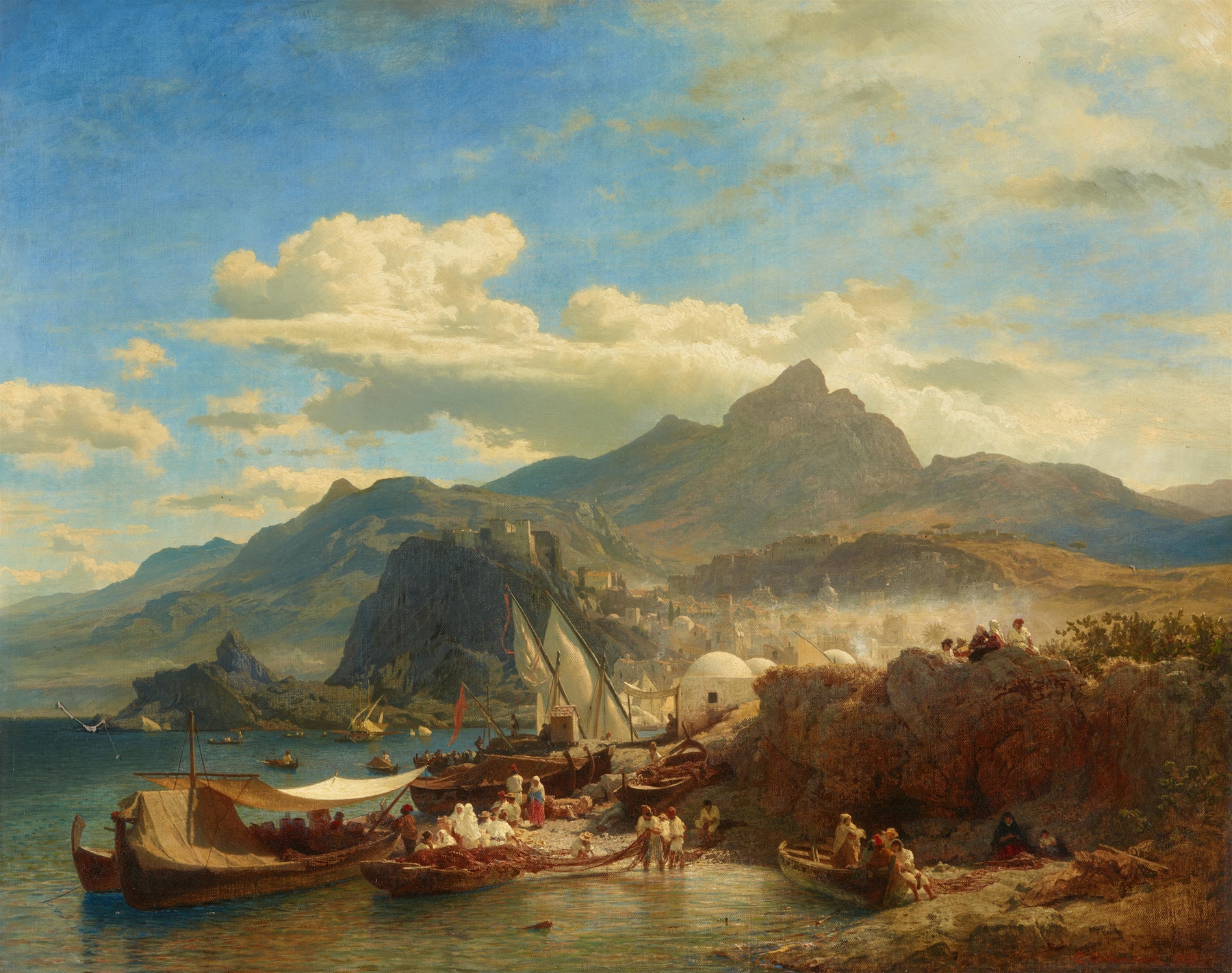 Belebter Hafen an der Levantinischen Küste, by Andreas Achenbach, public domain