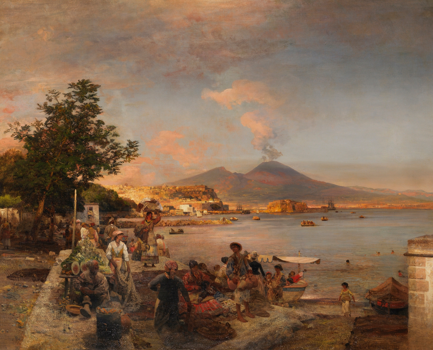 Marktszene bei Neapel mit Blick auf den Vesuv, by Oswald Achenbach, public domain