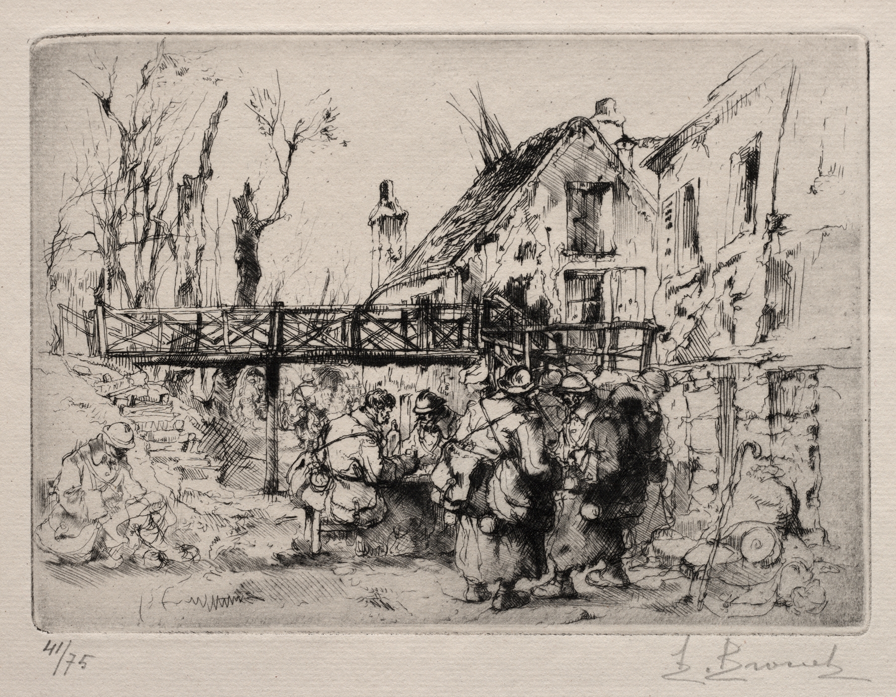 Etching by Auguste Brouet depicting weary travelers at a village.