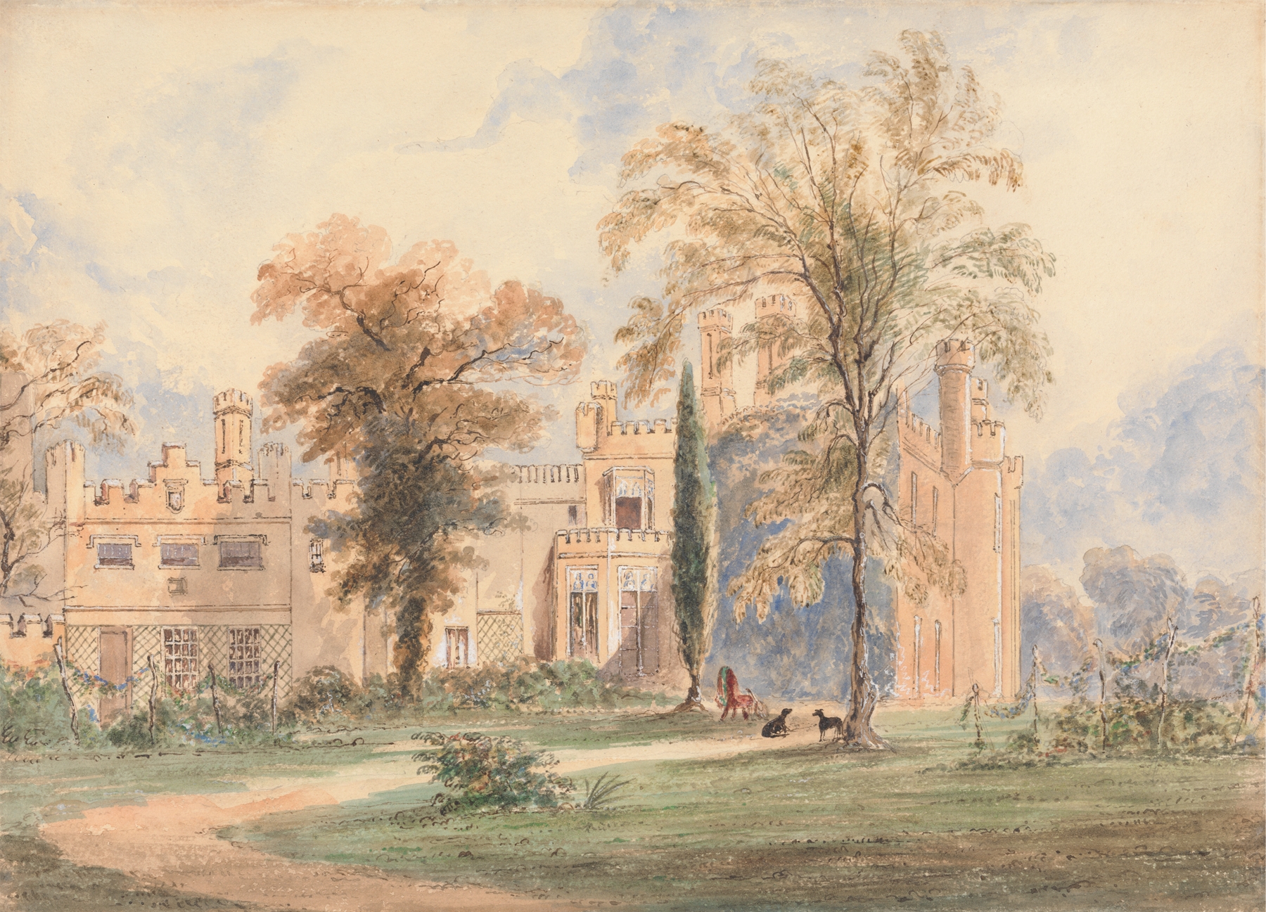 Gothic mansion with garden, oil painting by Joseph Murray Ince