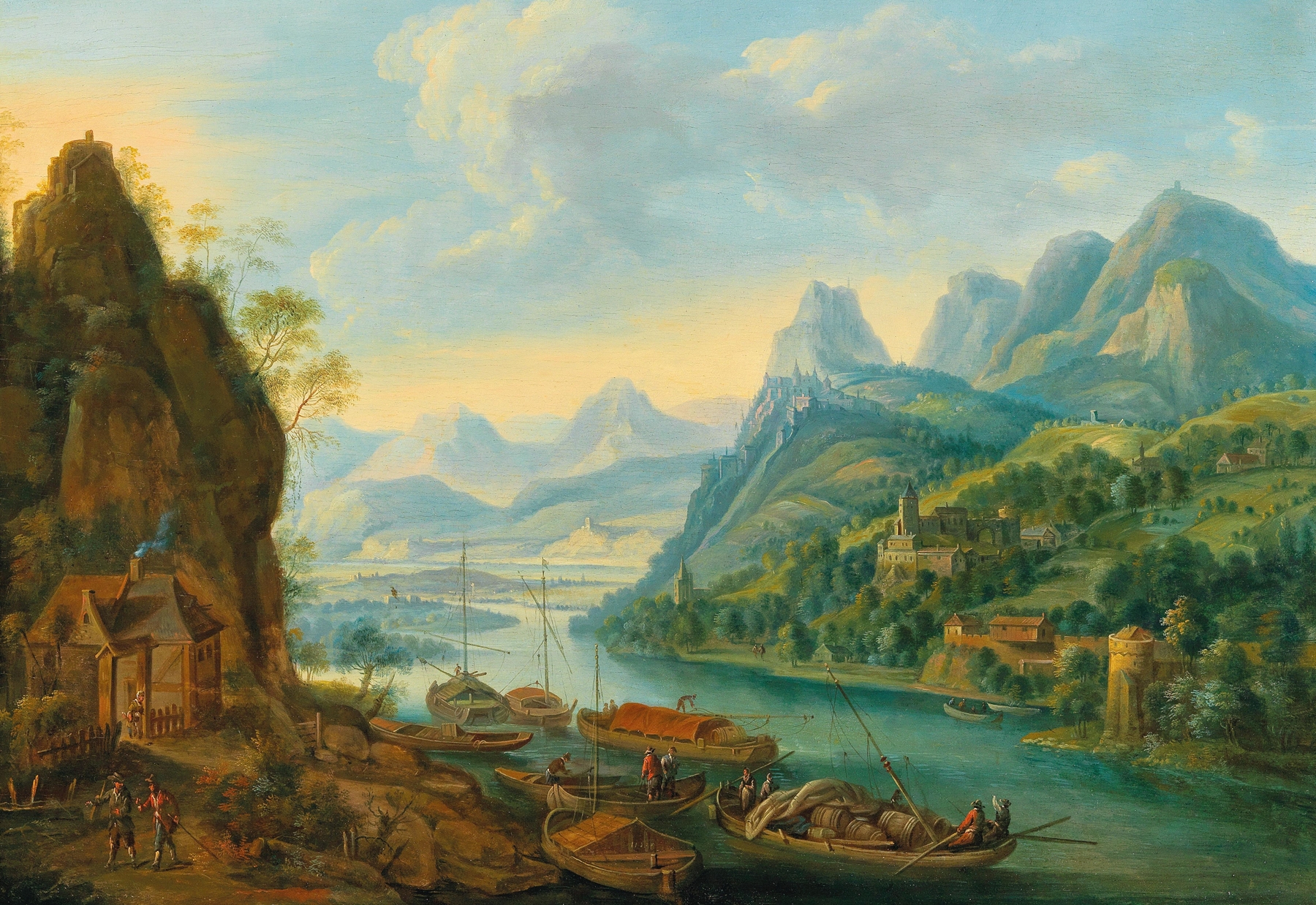 A river landscape with mountains, oil on canvas by Jan Griffier