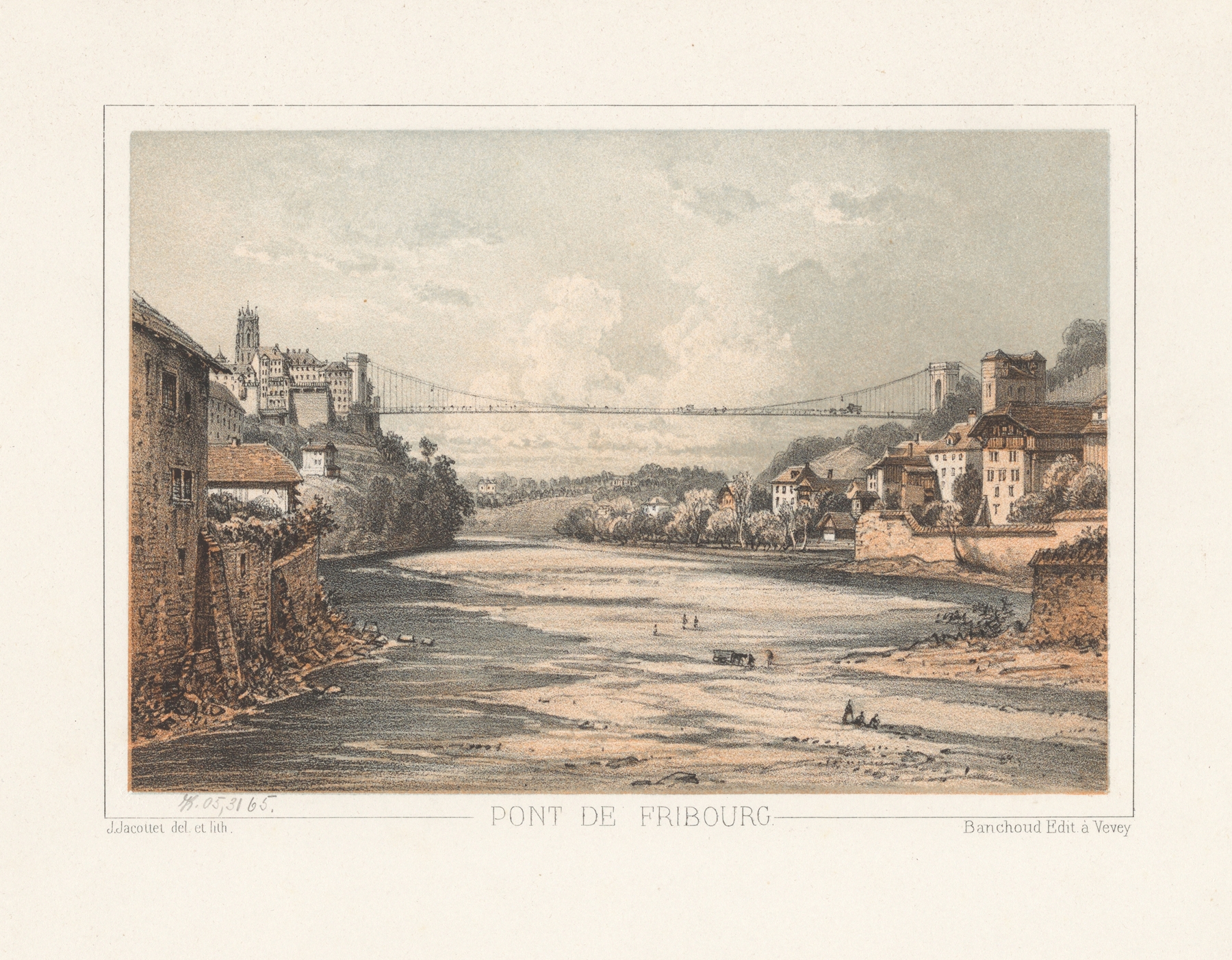 Pont de Fribourg by Jean Jacottet, oil on canvas depicting a bridge at twilight.