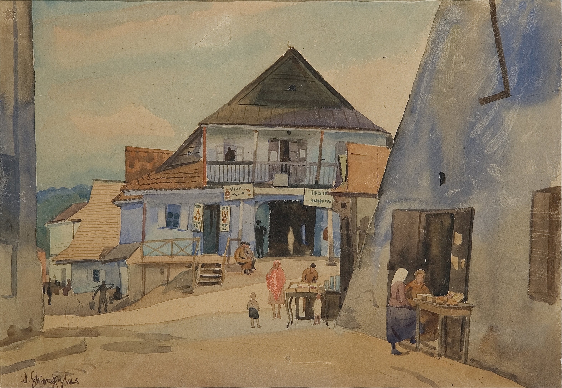 Genre scene of a bustling marketplace by Władysław Skoczylas, medium unknown.
