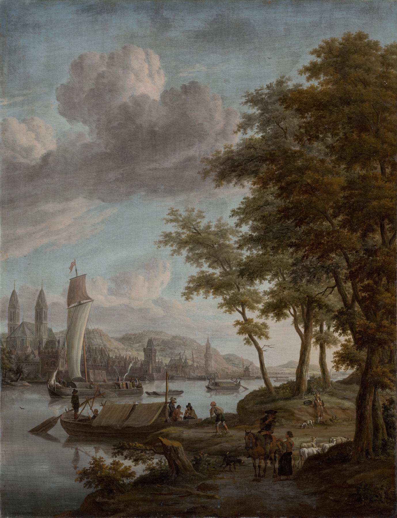 River Town by Jacobus Storck, oil painting depicting a tranquil river and town.