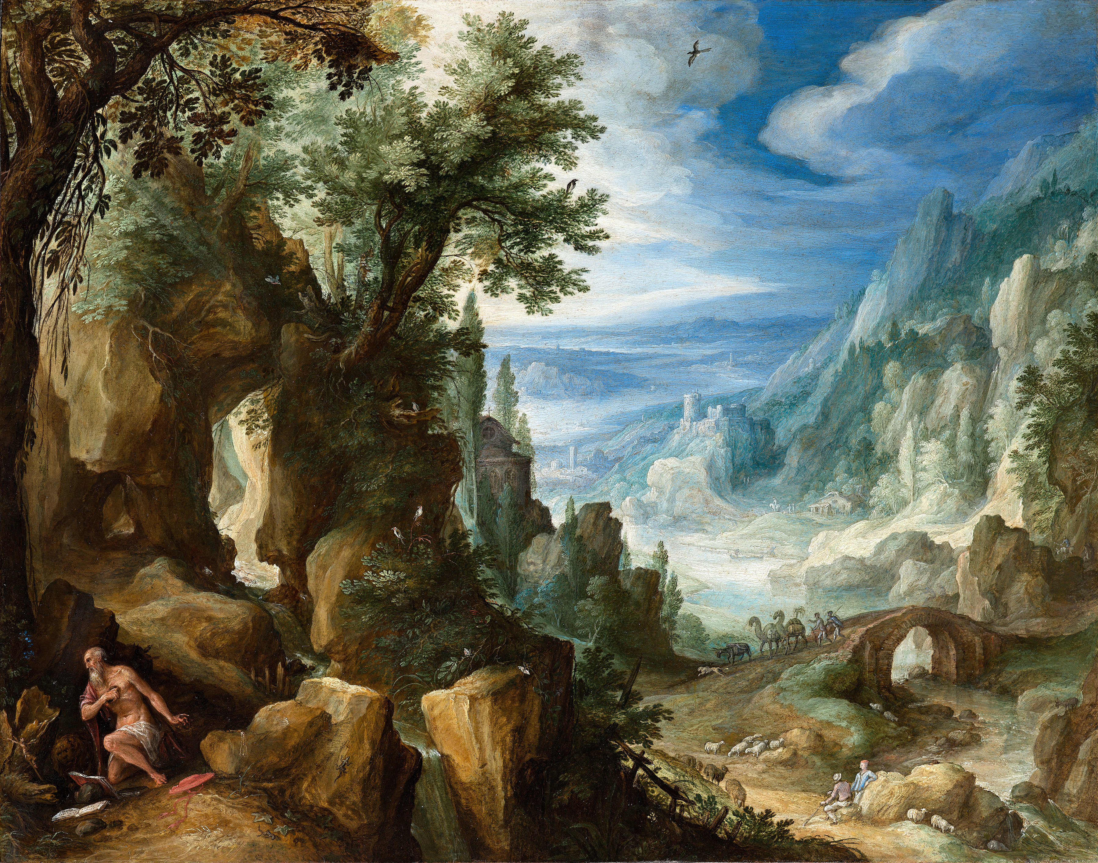 Mountainous Landscape with Saint Jerome, by Paul Bril, public domain