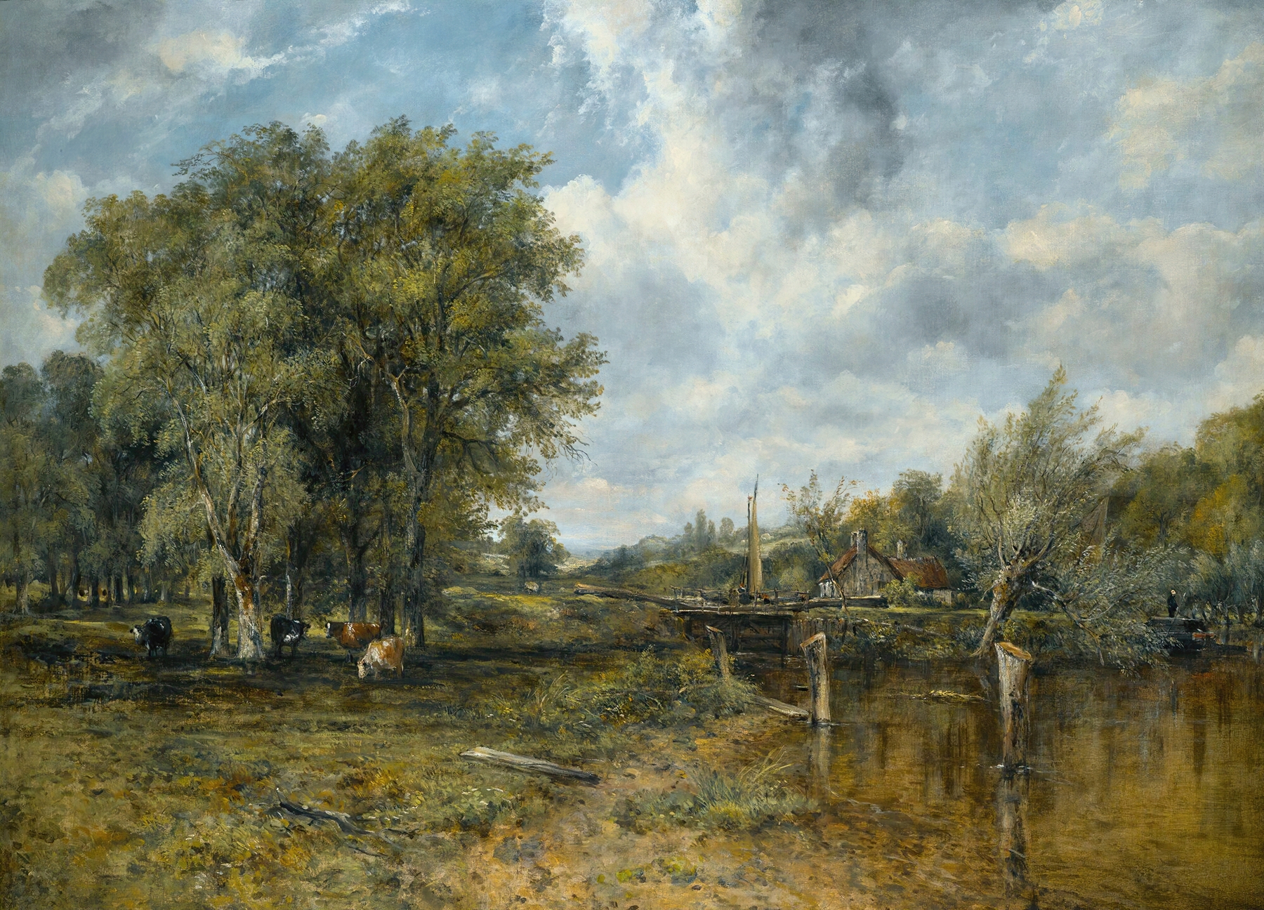 A wooded landscape with cattle and a cottage, oil painting by Frederick Waters Watts