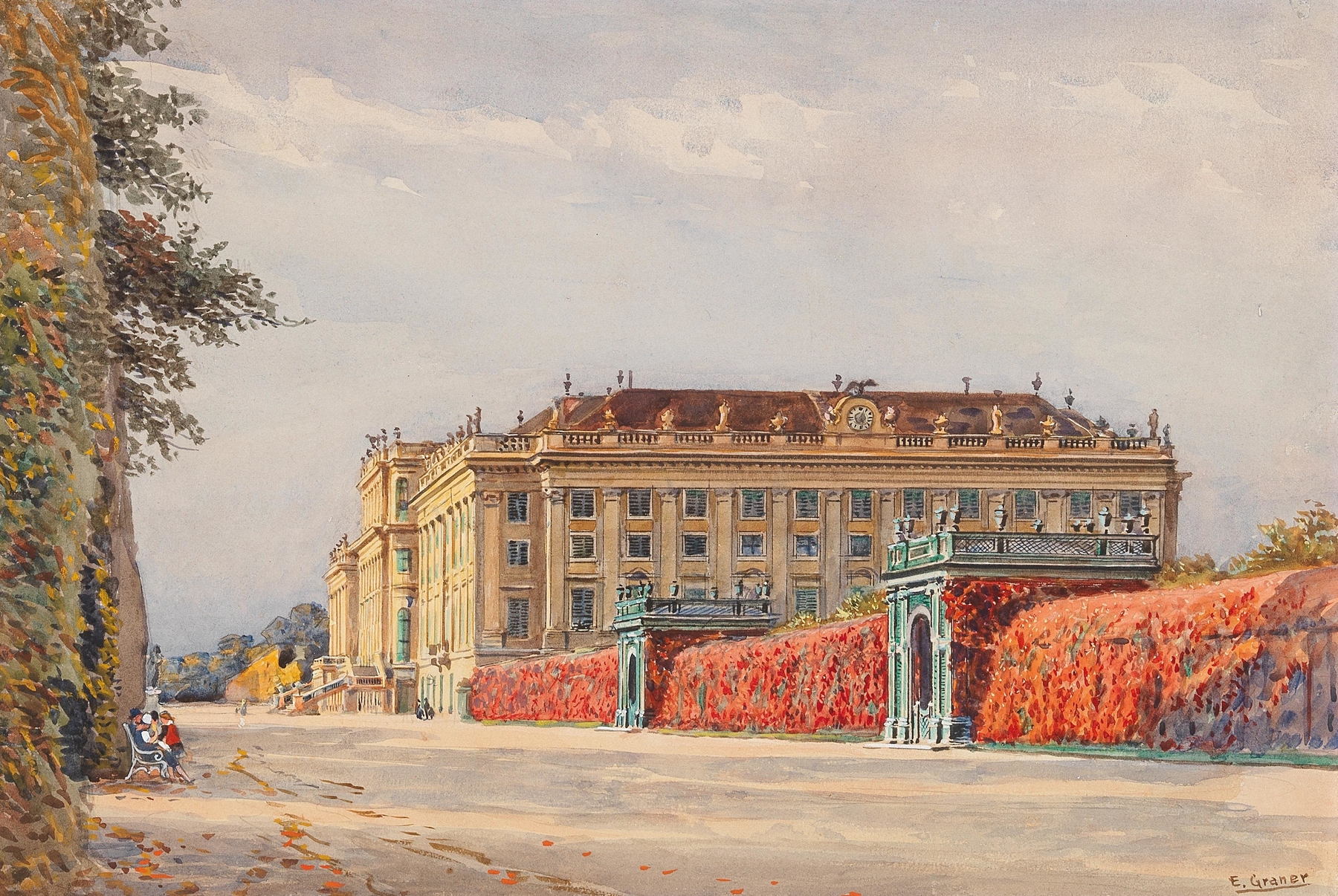 Schönbrunn by Ernst Graner, oil on canvas, depicting crumbling architecture and a somber landscape.