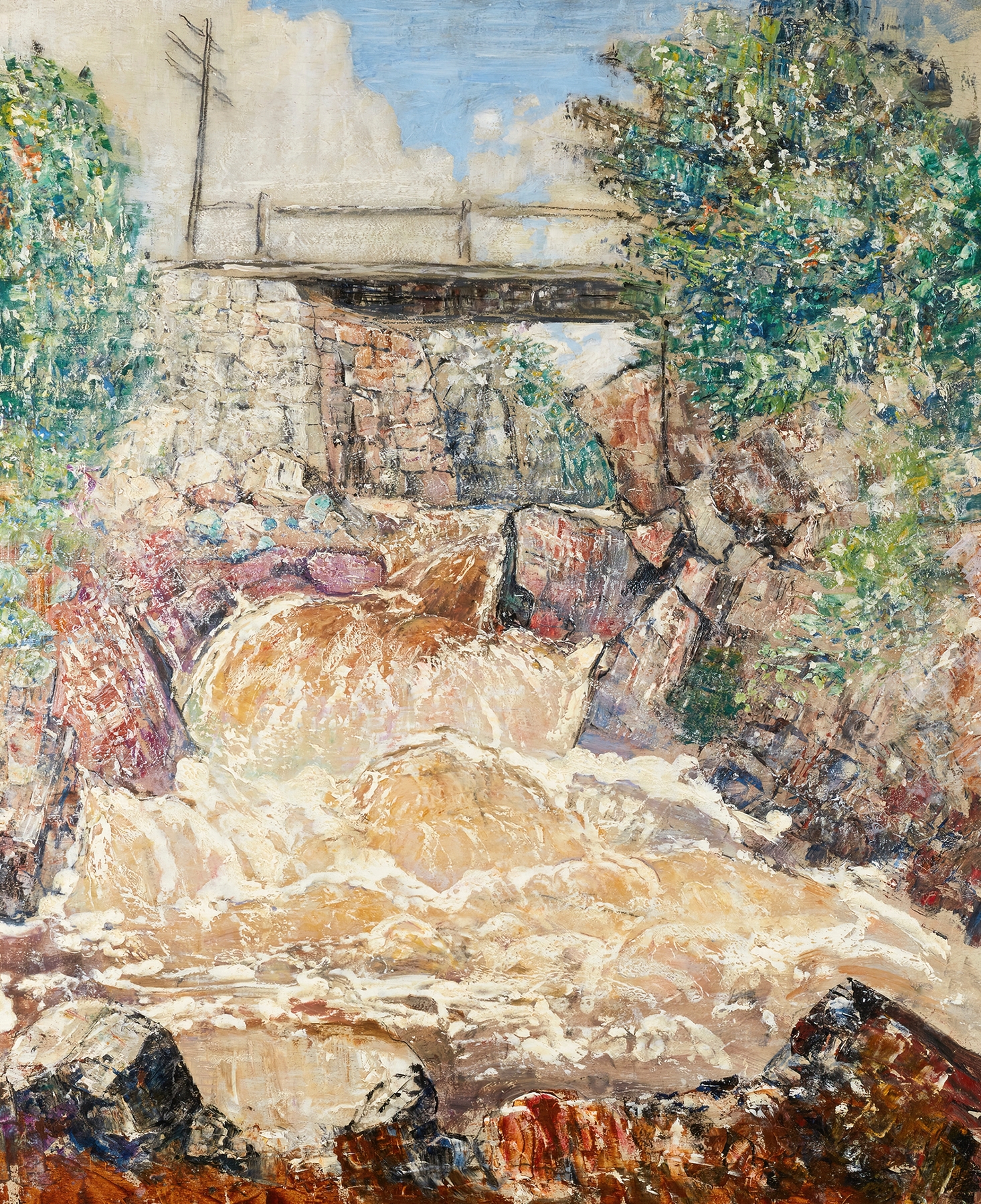 Abstract artwork by Henry Golden Dearth, depicting a bridge amidst chaos, expressionism