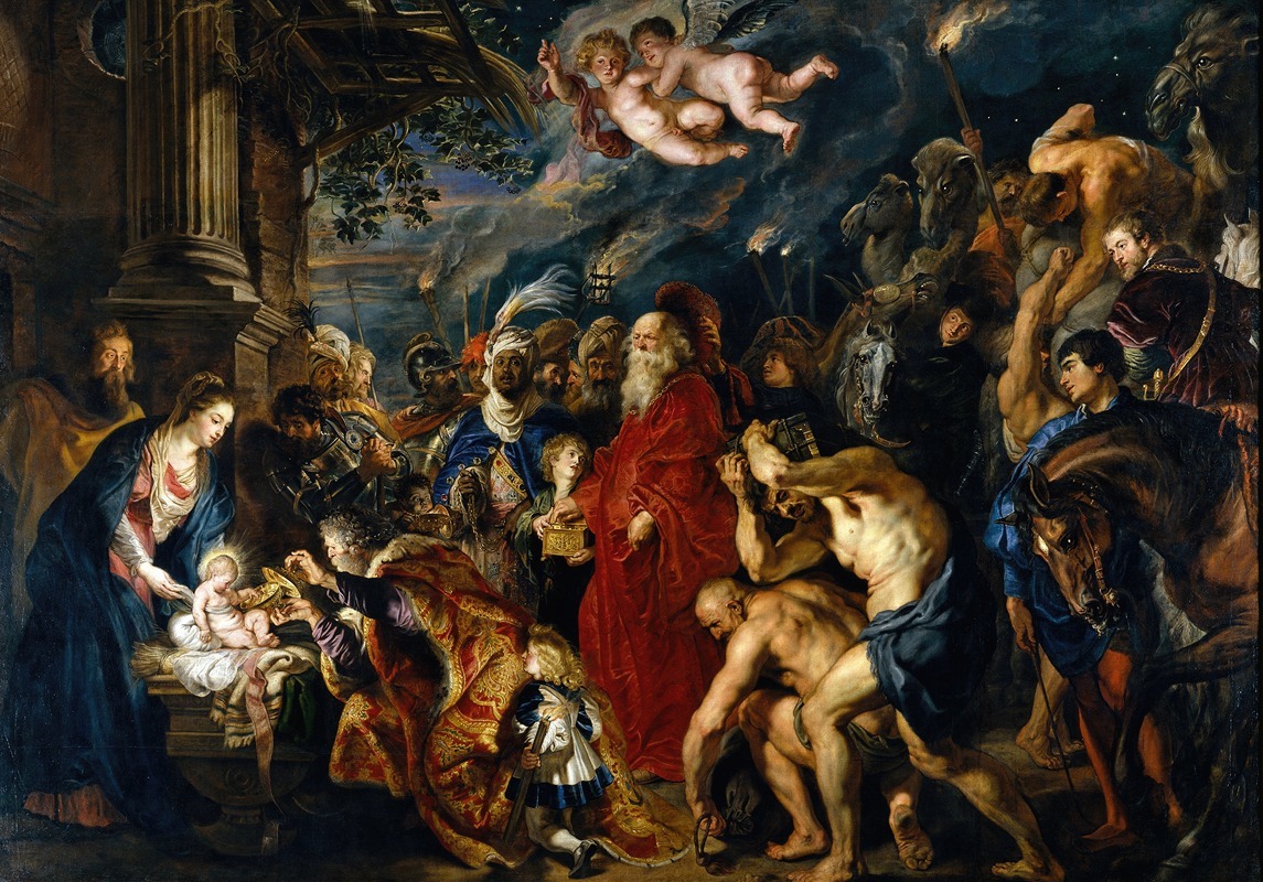 Peter Paul Rubens' *Adoration of the Magi* depicts the Three Wise Men presenting gifts to the infant Jesus.