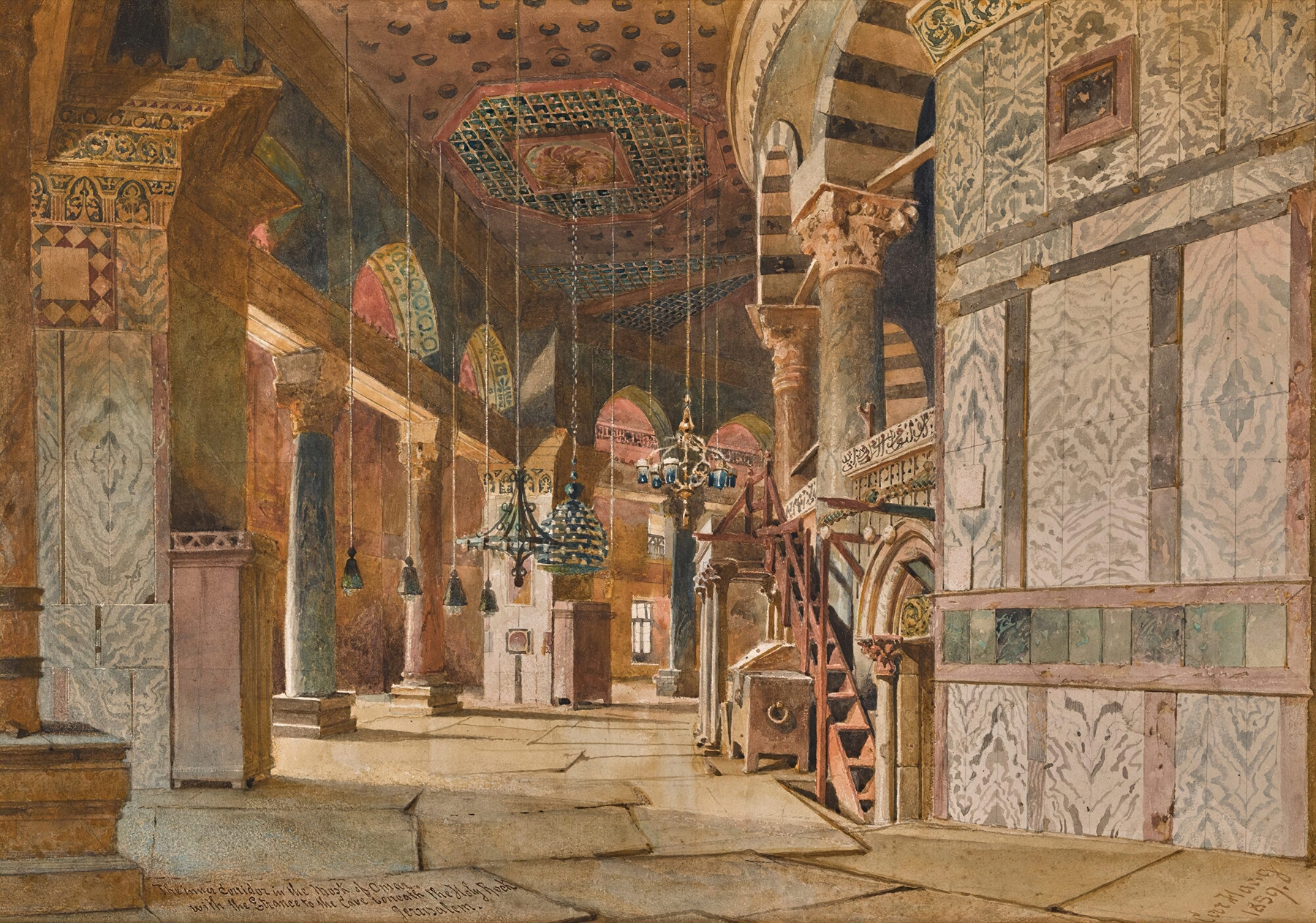 The inner corridor of the dome of the rock, Jerusalem, oil on canvas by Carl Haag