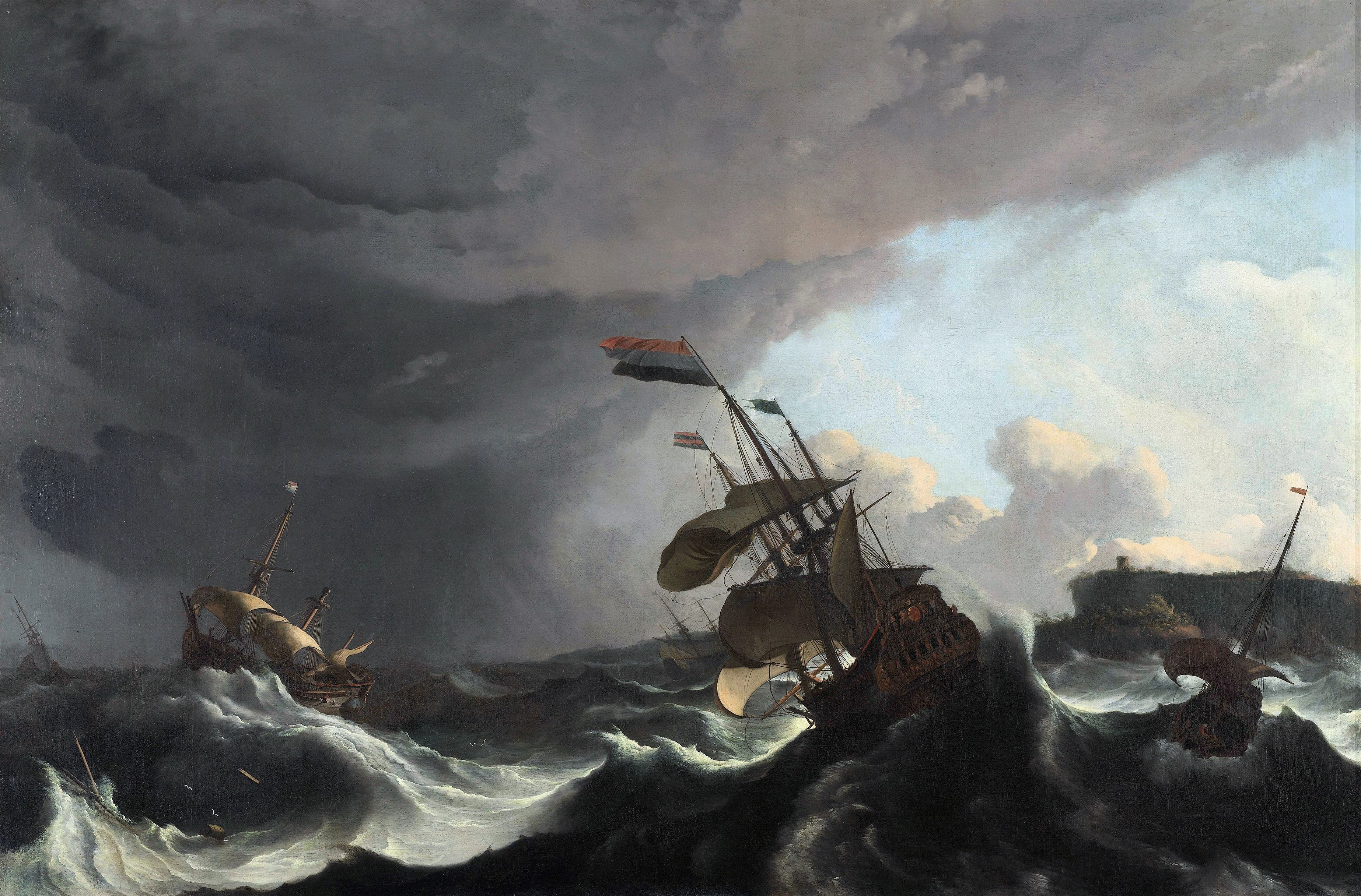 Warships in a Heavy Storm, by Ludolf Backhuysen, public domain